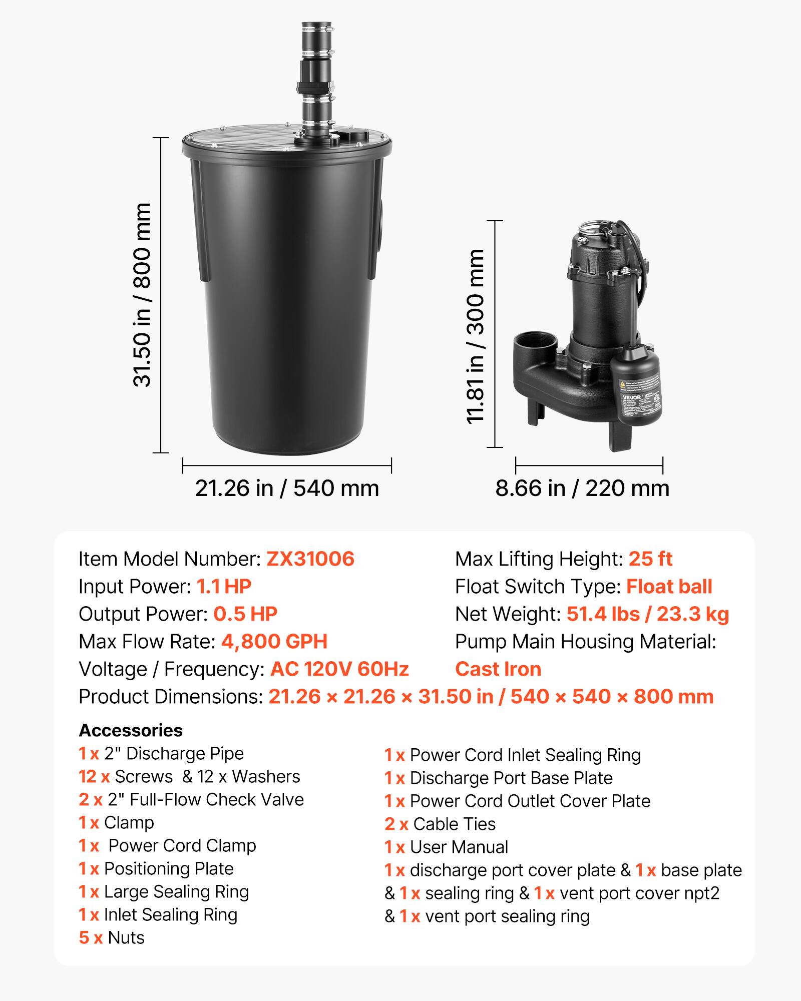 mm 800 / in 31.50  
mm 300 in 11.81  
21.26 in / 540 mm  
8.66 in  
220 mm  

Item Model Number: ZX31006  
Max Lifting Height: 25 ft  
Input Power: 1.1 HP  
Output Power: 0.5 HP  
Net Weight: 51.4 lbs / 23.3 kg  
Max Flow Rate: 4,800 GPH  
Pump Main Housing Material: Cast Iron  
Voltage / Frequency: AC 120V 60Hz  
Product Dimensions: 21.26 x 21.26 x 31.50 in / 540 x 540 x 800 mm  

Accessories  
1x 2" Discharge Pipe  
12x Screws & 12x Washers  
2x 2" Full-Flow Check Valve  
1x Clamp  
1x Power Cord Clamp  
1x Positioning Plate  
1x Large Sealing Ring  
1x Inlet Sealing Ring  
5x Nuts