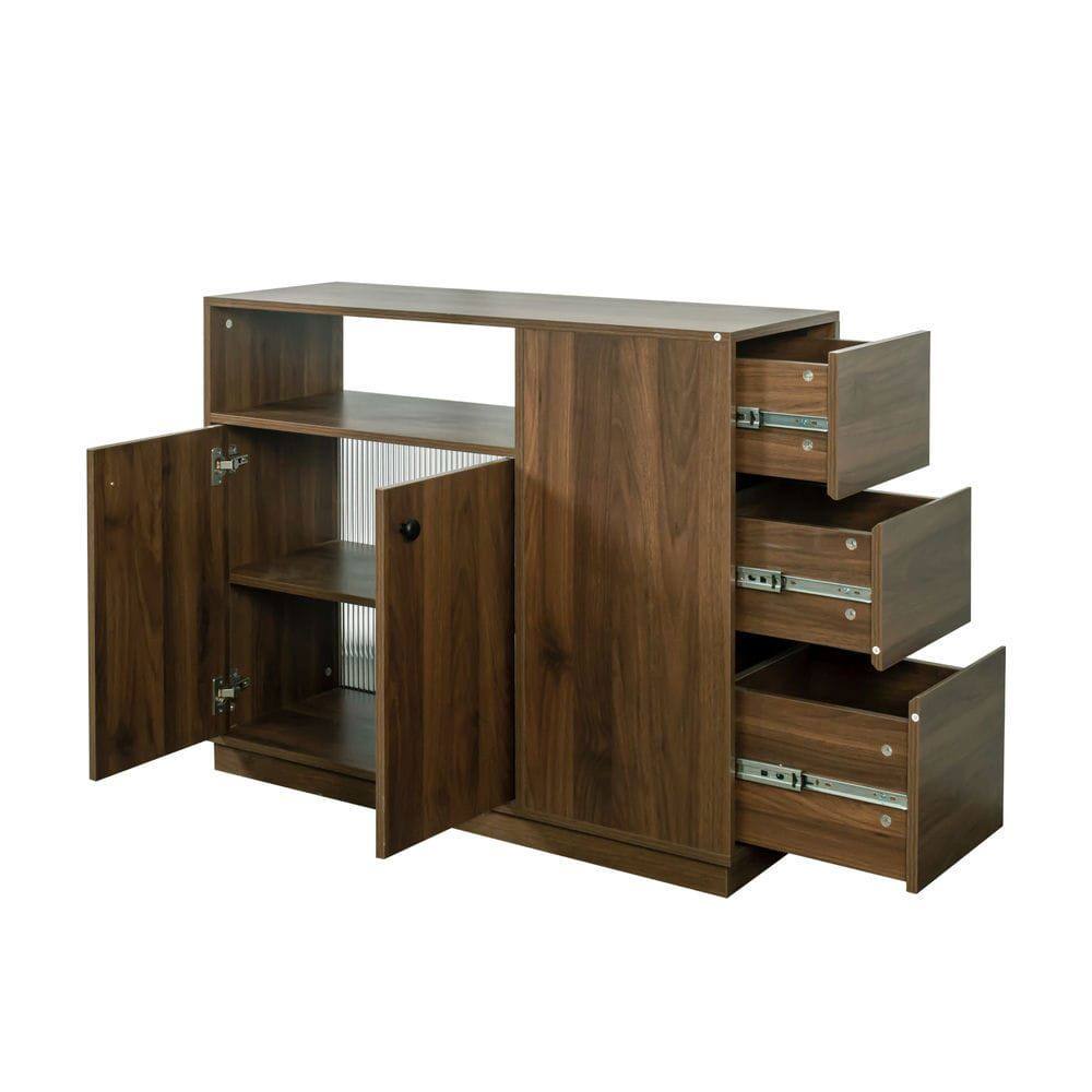 Alt View 1. Kadyn - Kitchen Sideboard, Tabletop Cabinet with 2 Glass Sliding Door,3 Side Drawers and 1 small display shelves, Brown - Brown.