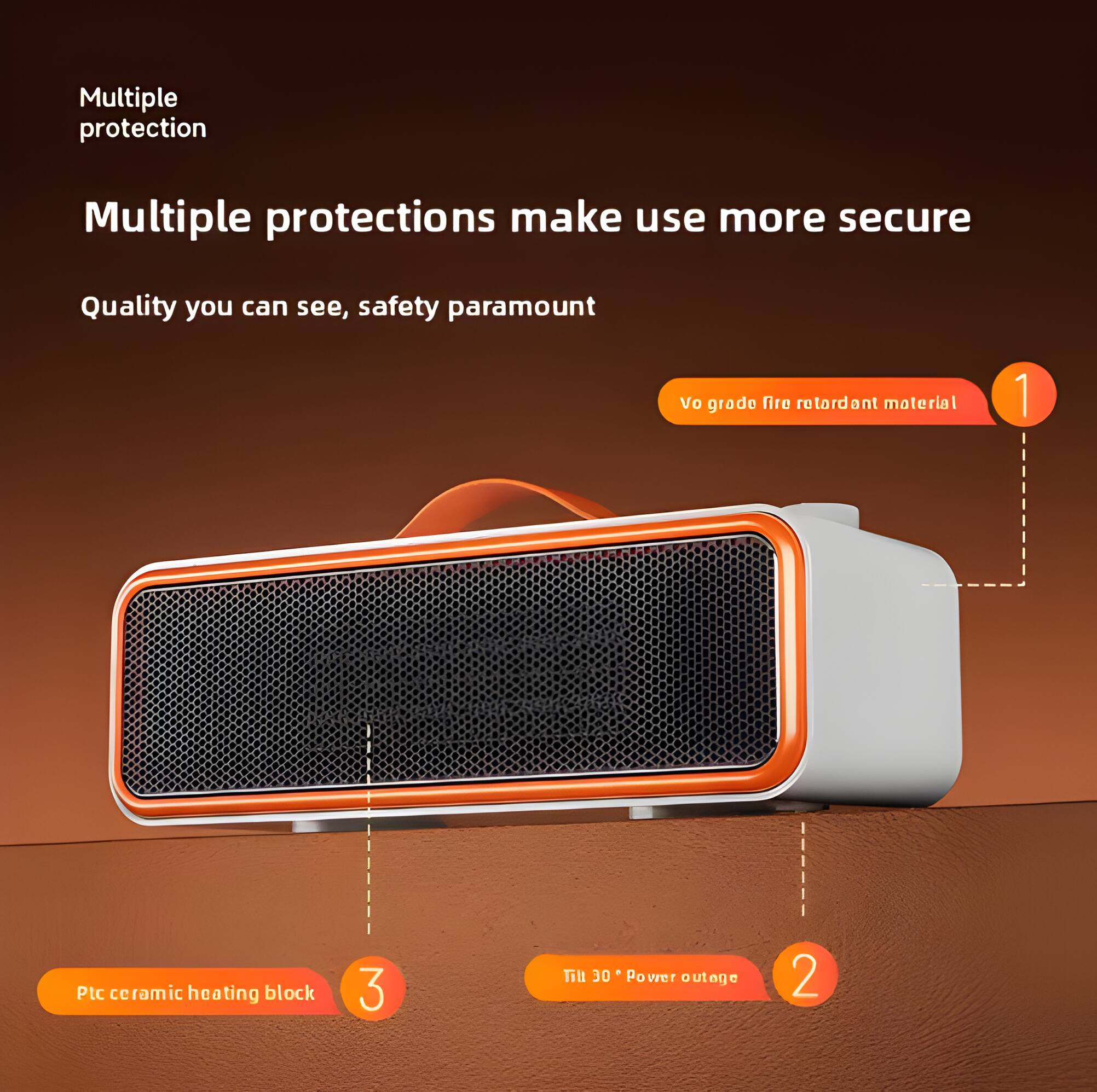 Multiple protection

Multiple protections make use more secure

Quality you can see, safety paramount

1. Vo grade fire retardant material
2. Till 30° Power outage
3. Ptc ceramic heating block
