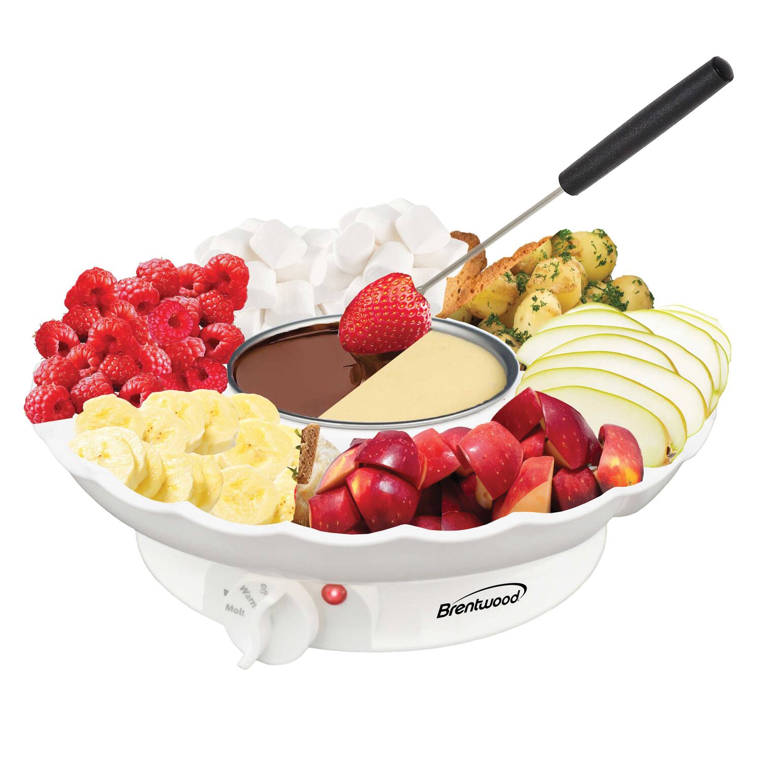 Brentwood - Ts-604w 25-watt Electric Fondue Pot Set With 3-section Tray And 4 Dipping Forks - White