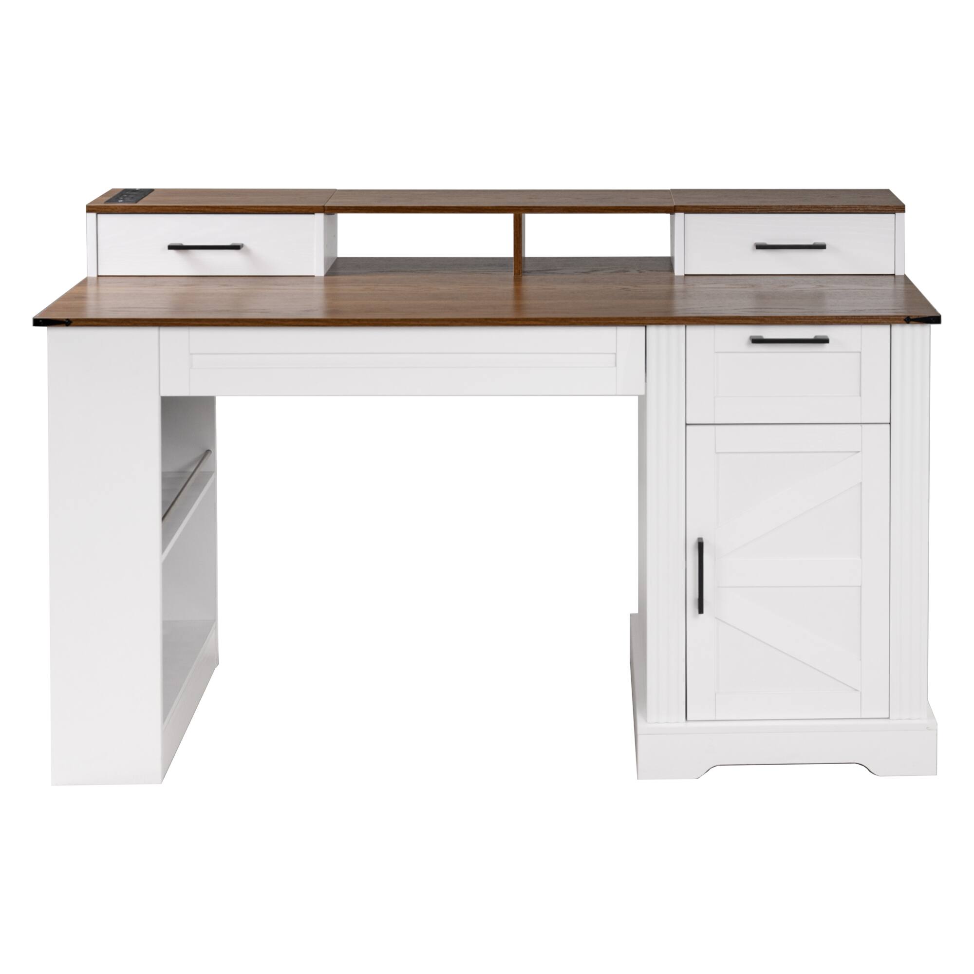 Alt View 9. Loheer - Loheer Farmhouse Office Desk, 55 Inch White Farmhouse Desk with Storage Cabinet, Charging Station, Monitor Stand - White.