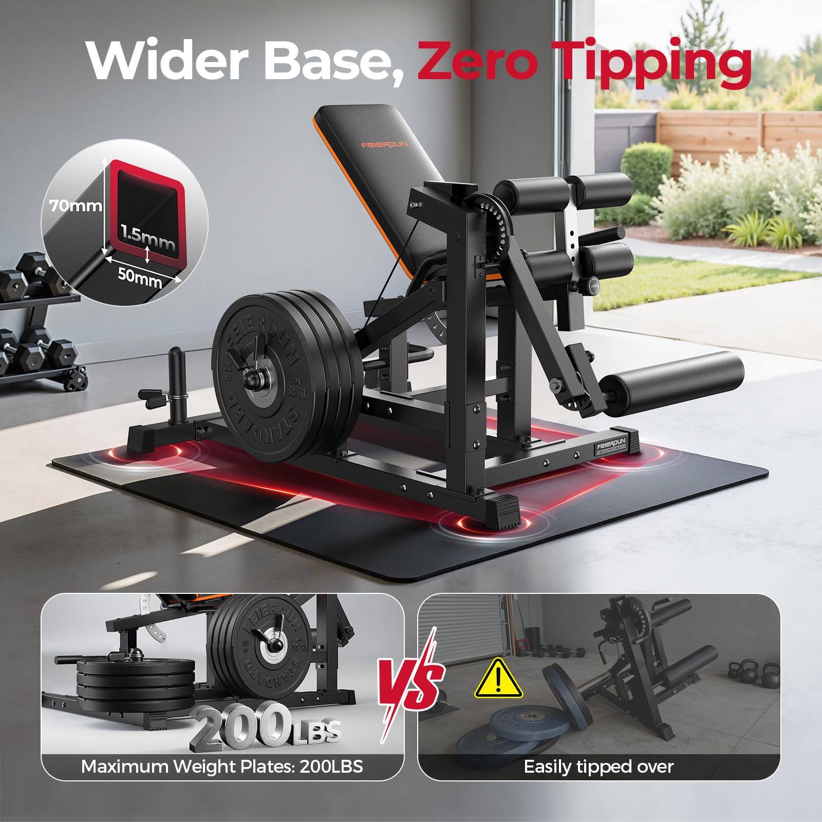 Wider Base, Zero Tipping  
PERPOU 70mm 1.5mm 50mm S 2 rs PETARITI POCAN MAETO  
WNVCRVEE VS 200LBS  
Maximum Weight Plates: 200LBS  
Easily tipped over