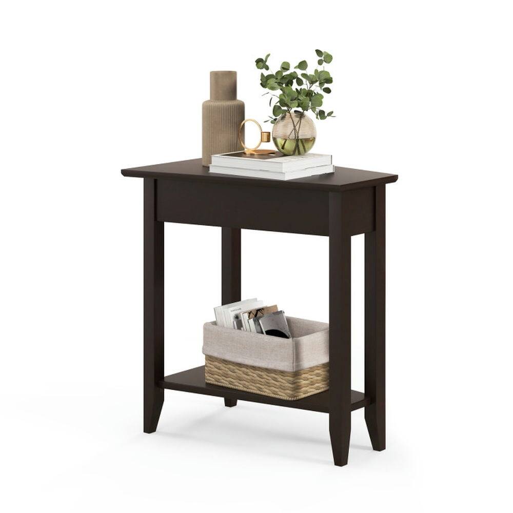 Angle. Kadyn - 2-Tier Wedge Narrow End Table with Storage Shelf and Solid Wood Legs-Espresso, Nightstand Small Side Table - Brown.