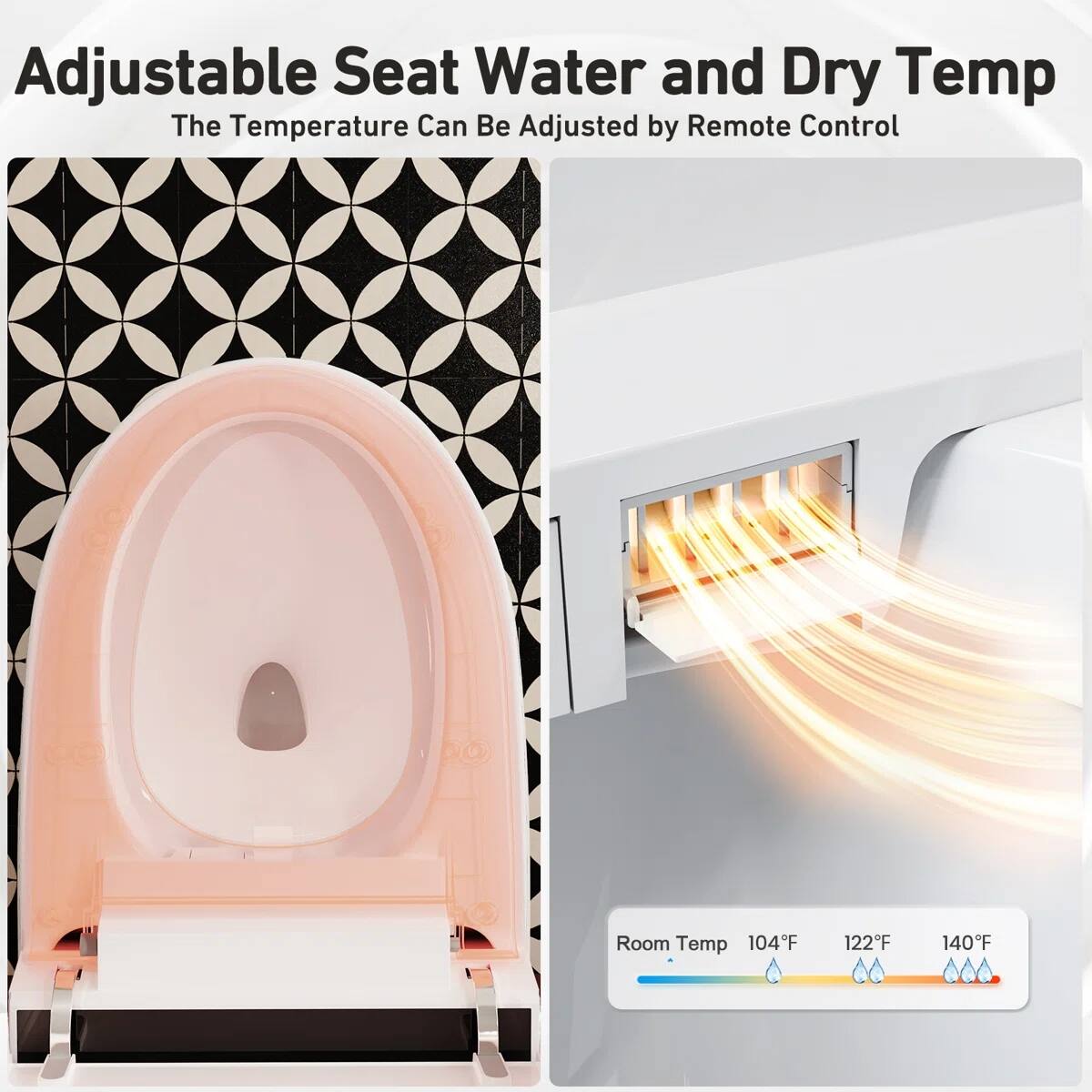 Adjustable Seat Water and Dry Temp  
The Temperature Can Be Adjusted by Remote Control  
Room Temp: 104°F, 122°F, 140°F