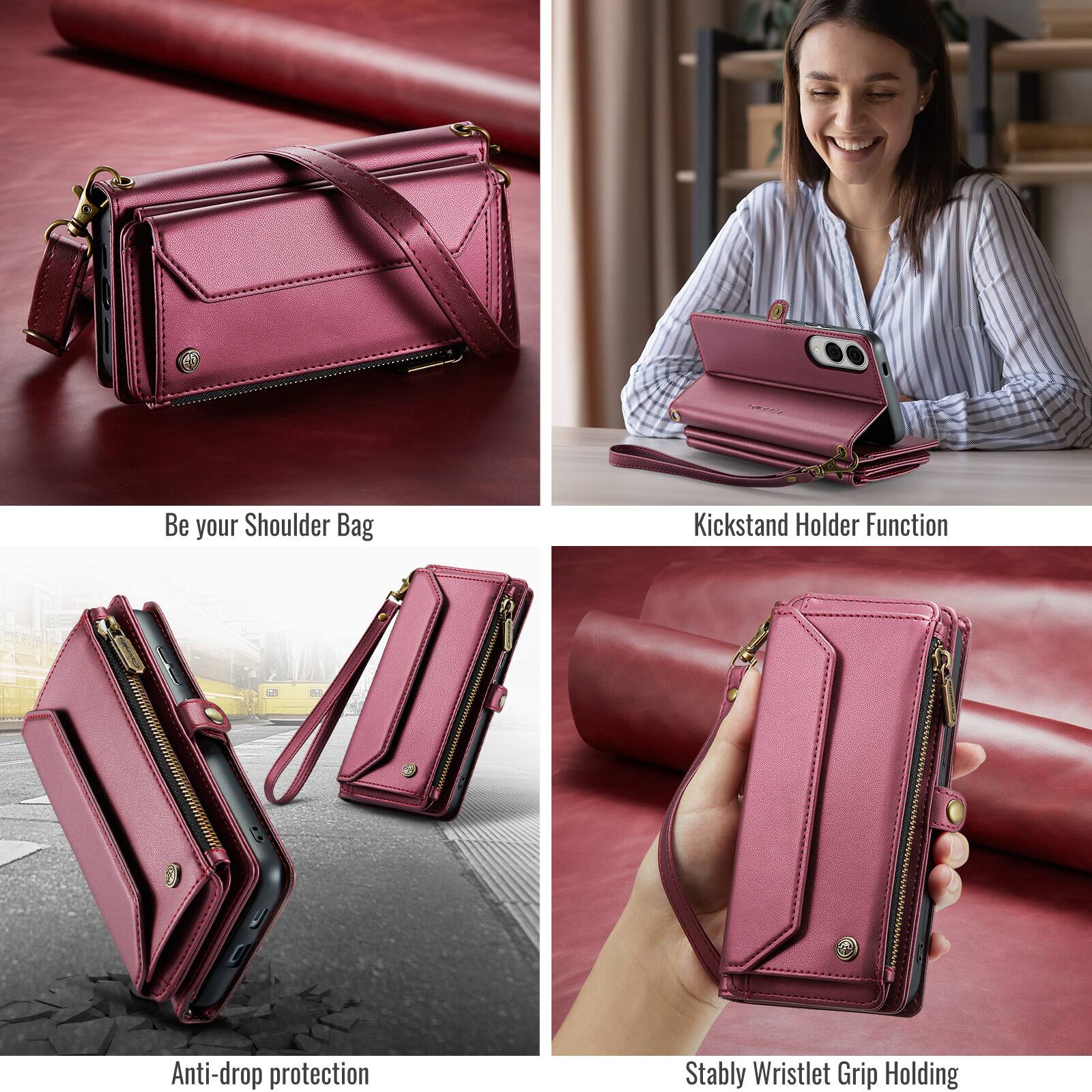 Be your Shoulder Bag  
Kickstand Holder Function  
Anti-drop protection  
Stably Wristlet Grip Holding