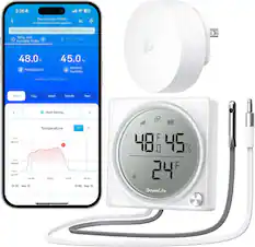 3:36
33
Thermometer R1 Pro
Connected with the gateway
Tap here to test the network and update your device status
Temp. and Humidity Probe
Temp. Probe
48.0°F
Temperature
45.0%
Relative Humidity
Updated at 15:36, Sep 12
Hour
Day
Week
Month
Year
Chart Editing
Temperature
Max 80.2°F
Avg 49.6°F
Min 47.1°F
14:35, Sep 12
15:00
15:15
15:30
15:36, Sep 12
GoveeLife