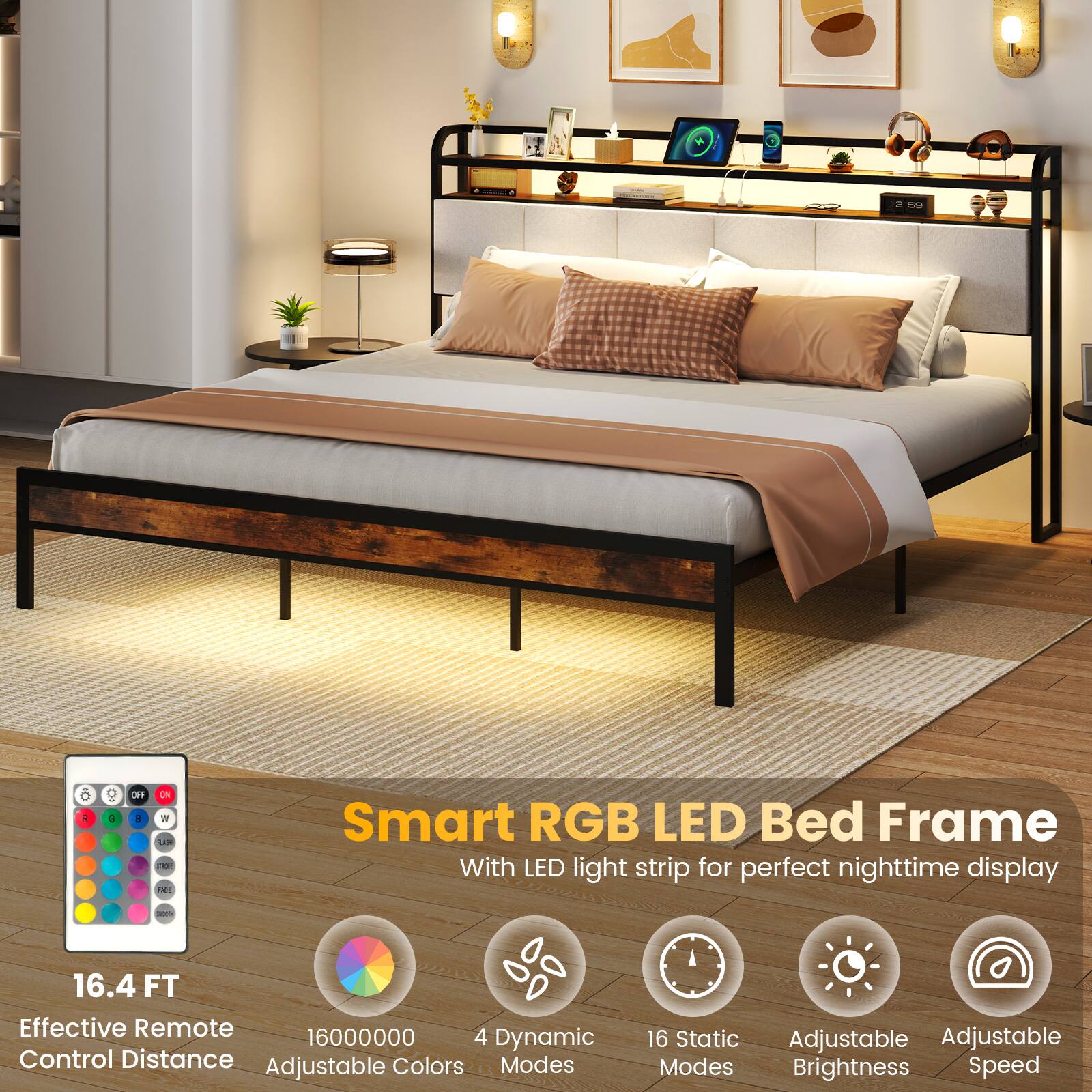 Smart RGB LED Bed Frame - With LED light strip for perfect nighttime display - 16.4 FT Effective Remote Control Distance - 16000000 Adjustable Colors - 4 Dynamic Modes - 16 Static - Adjustable Brightness - Adjustable Speed