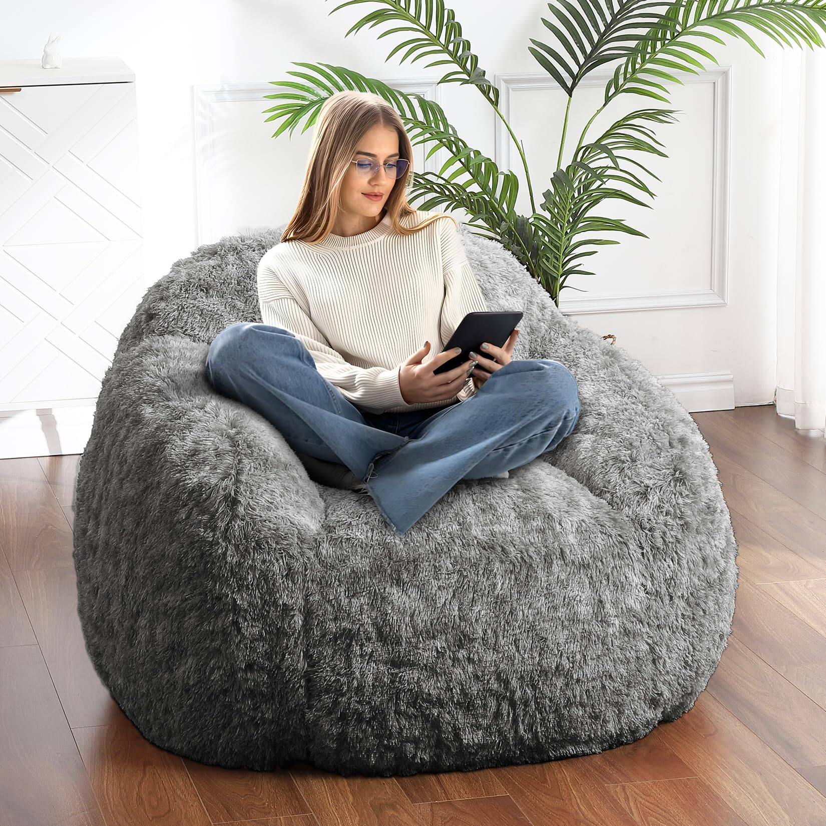 Alt View 2. Acekool - Soft Fluffy Bean Bag Chair for Adults Foam Filled Living Room Bean Bags with Armrest - Black.