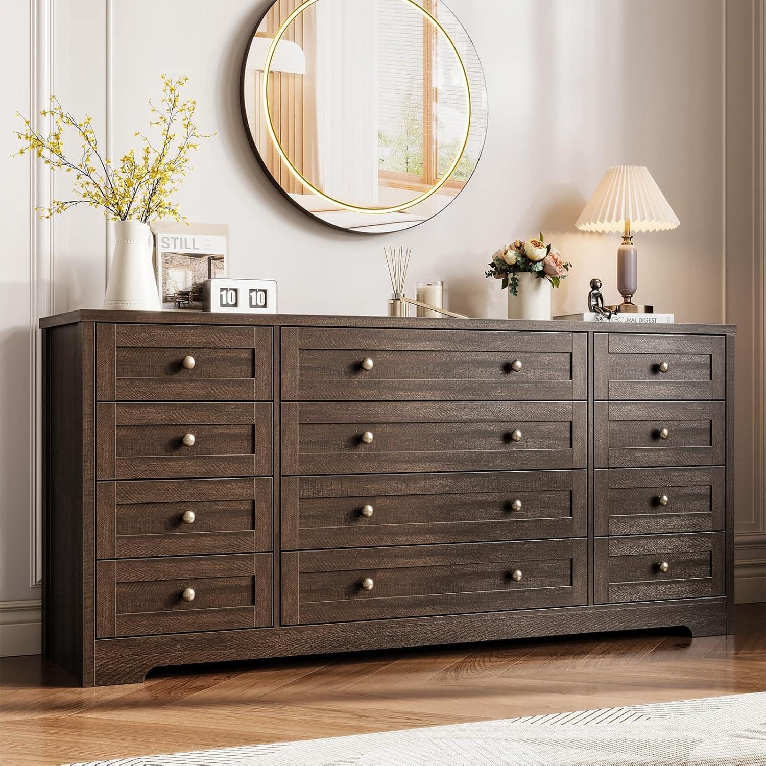Acekool - 12-Drawer Wooden Bedroom Dresser, 63" Wide Wood Chest Hallway, Modern TV Stand for 65" TV with Deep Storage - ‎Brown