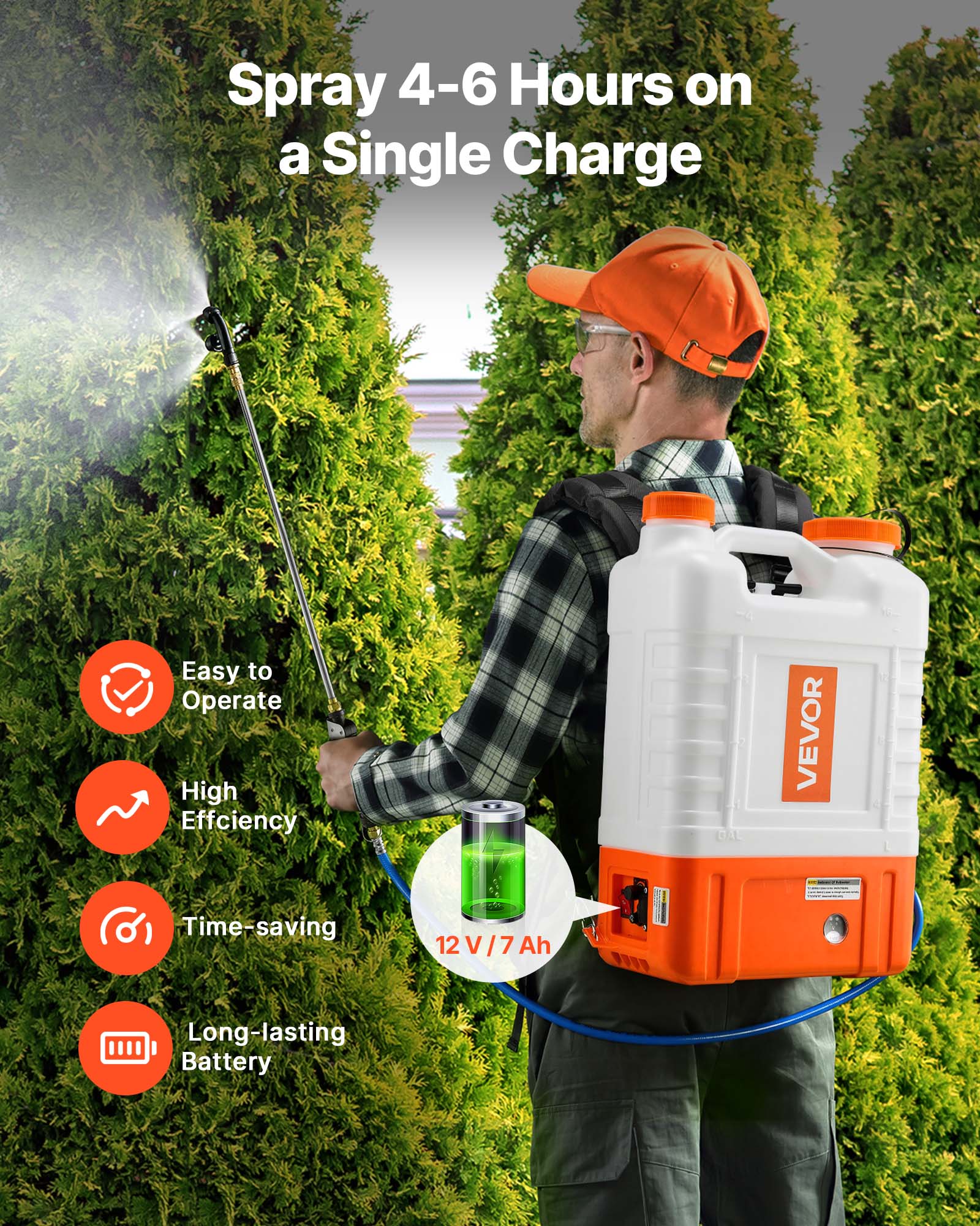 Spray 4-6 Hours on a Single Charge

Easy to Operate

High Efficiency

Time-saving

Long-lasting Battery

12 V/7 Ah