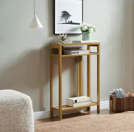 Kings Brand Furniture - Bisbee Wood Console Table with 2 Open Storage Shelves - Honey mustard