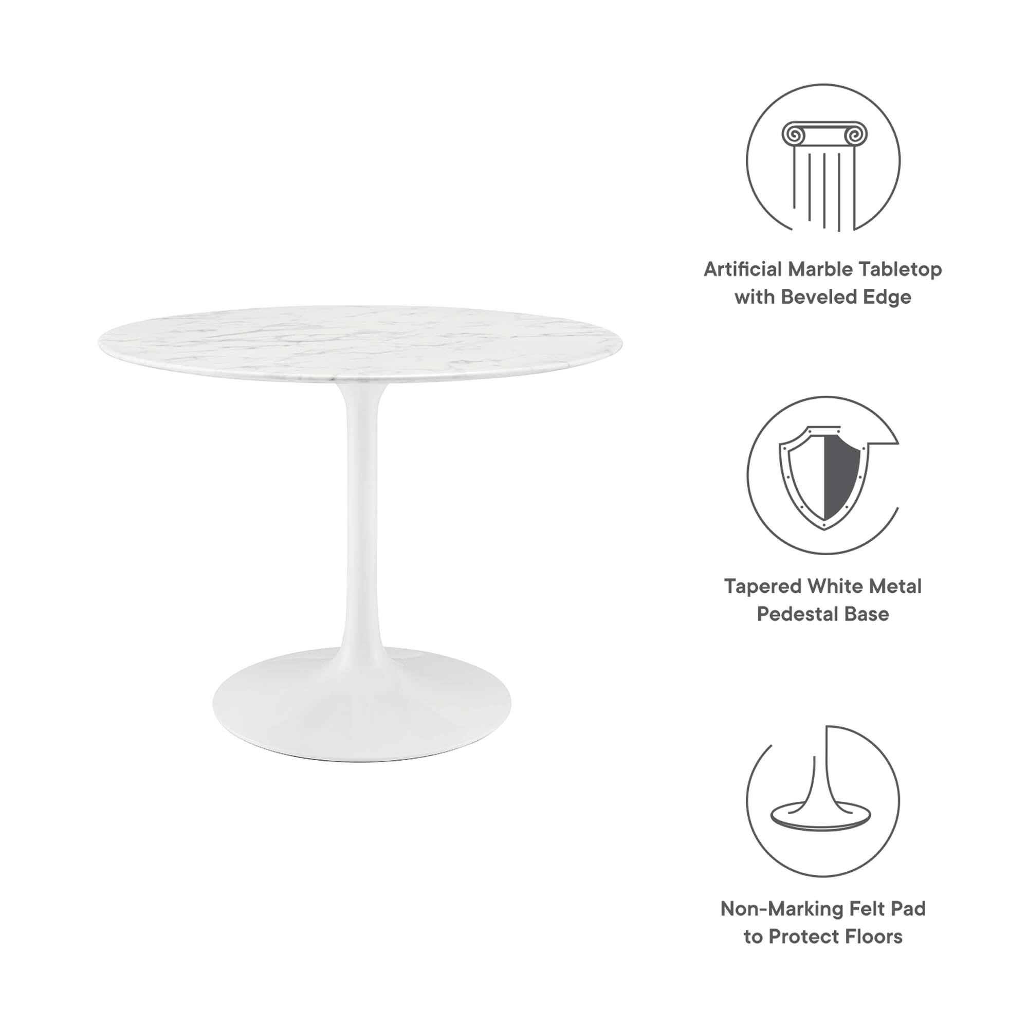 Artificial Marble Tabletop with Beveled Edge  
Tapered White Metal Pedestal Base  
Non-Marking Felt Pad to Protect Floors