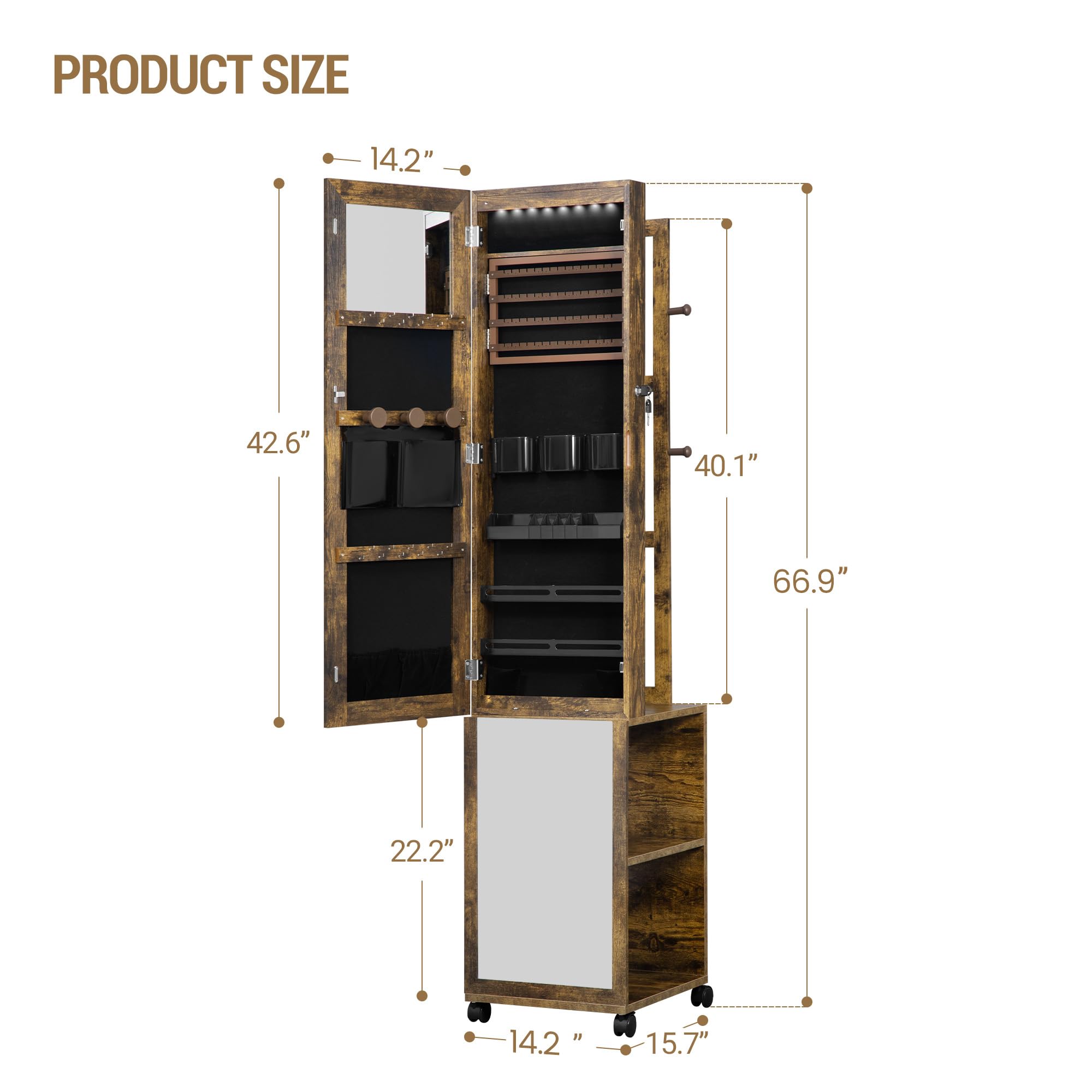PRODUCT SIZE

- 14.2"
- 42.6"
- 40.1"
- 66.9"
- 22.2"
- 14.2"
- 15.7"