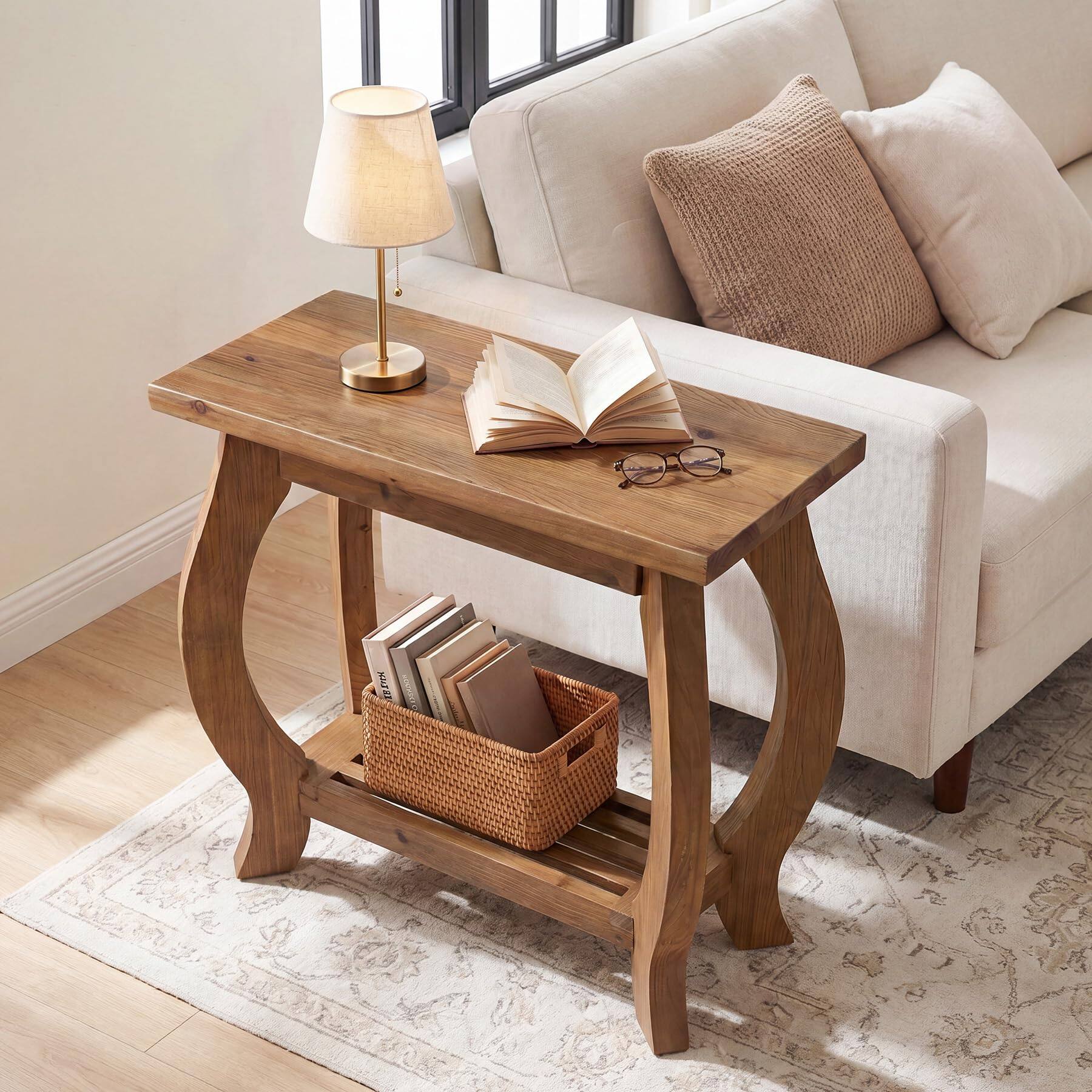 Alt View 2. Tribesigns - Solid Wood End Table Set of 2, 3-Drawer Narrow Side Table, Brown - Brown.