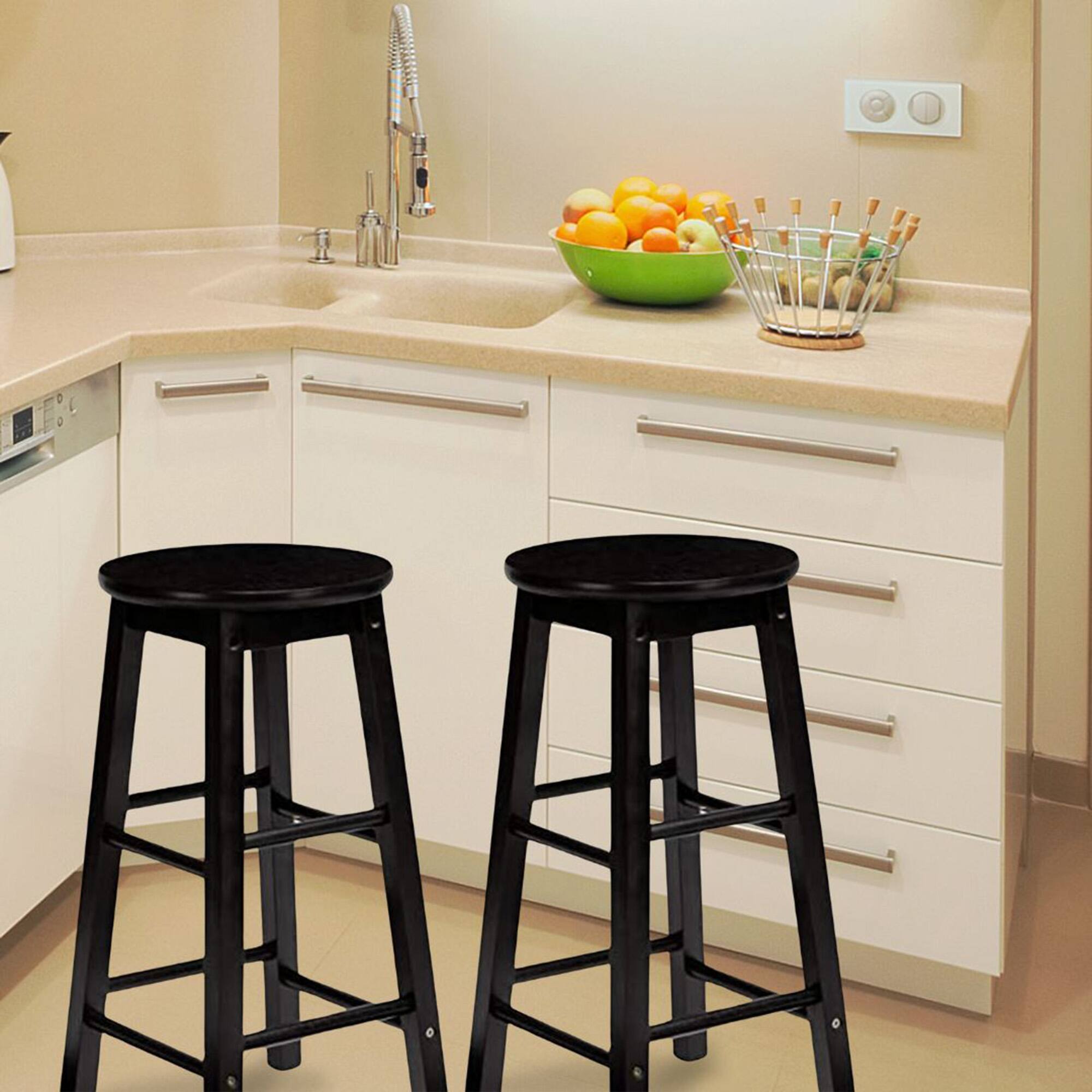 Alt View 2. PJ Wood - PJ Wood Classic Round-Seat 29 Inch Tall Kitchen Counter Stools, Black, Set of 2 - Black.