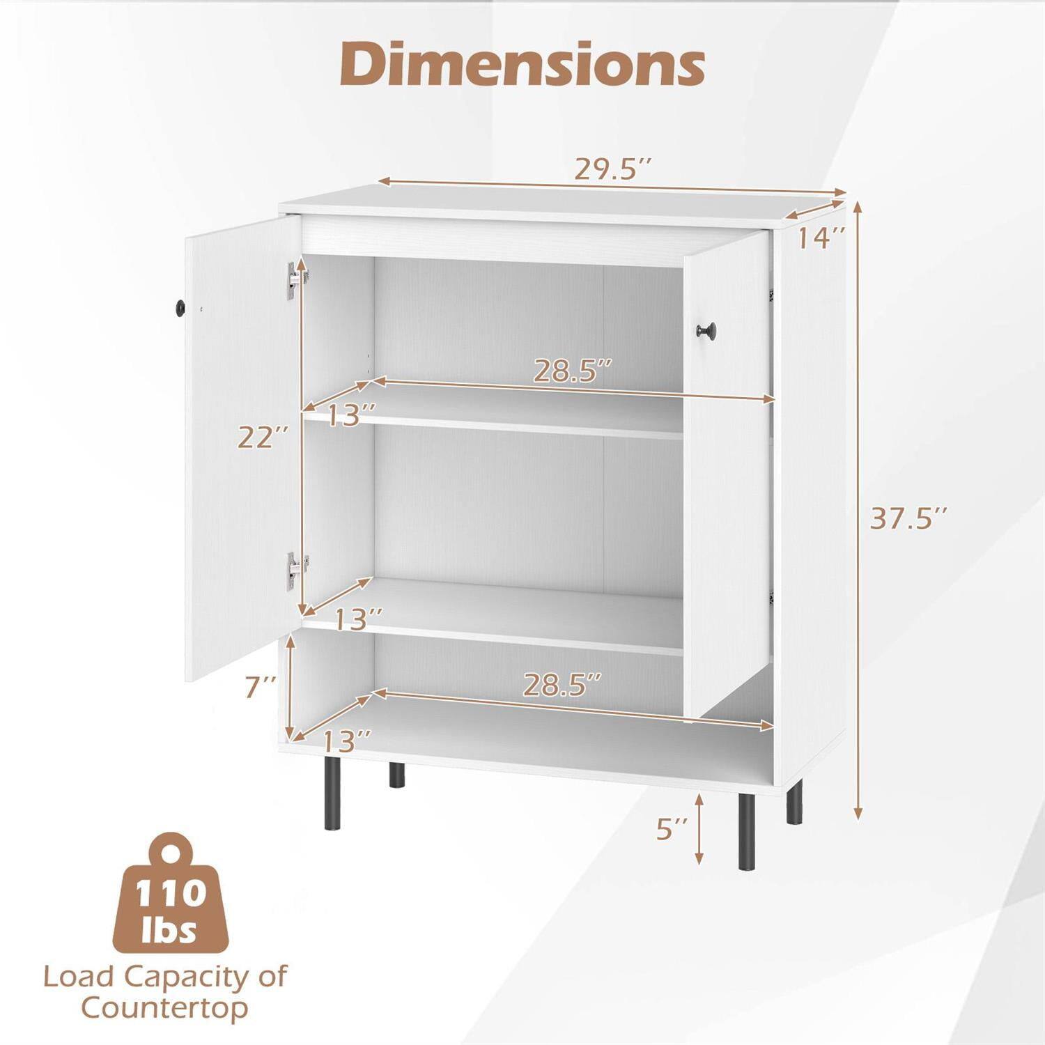 Dimensions: 29.5" x 14" x 37.5"  
Shelf Dimensions: 28.5" x 13" x 7"  
Load Capacity of Countertop: 110 lbs