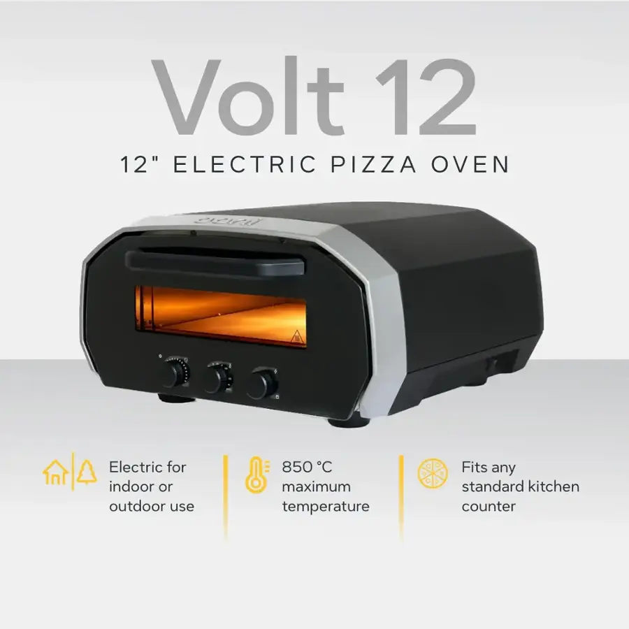 Volt 12 12" Electric Pizza Oven is an electric pizza oven that can be used for both indoor and outdoor purposes. It has a maximum temperature of 850 C and fits any standard kitchen counter.
