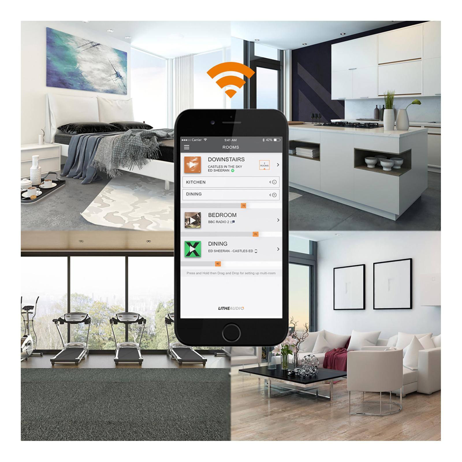 Sure, here is the corrected and grouped text from the image:

---

**ROOMS DOWNSTAIRS**

- **KITCHEN**
- **DINING**
- **BEDROOM**
  - BBC RADIO 2
- **DINING**
  - ED SHEERAN
  - LITE AUDIO

**CASTLES ED**

---

**Instructions:**
- Press and Hold then Drag and Drop for setting up multi-room

---