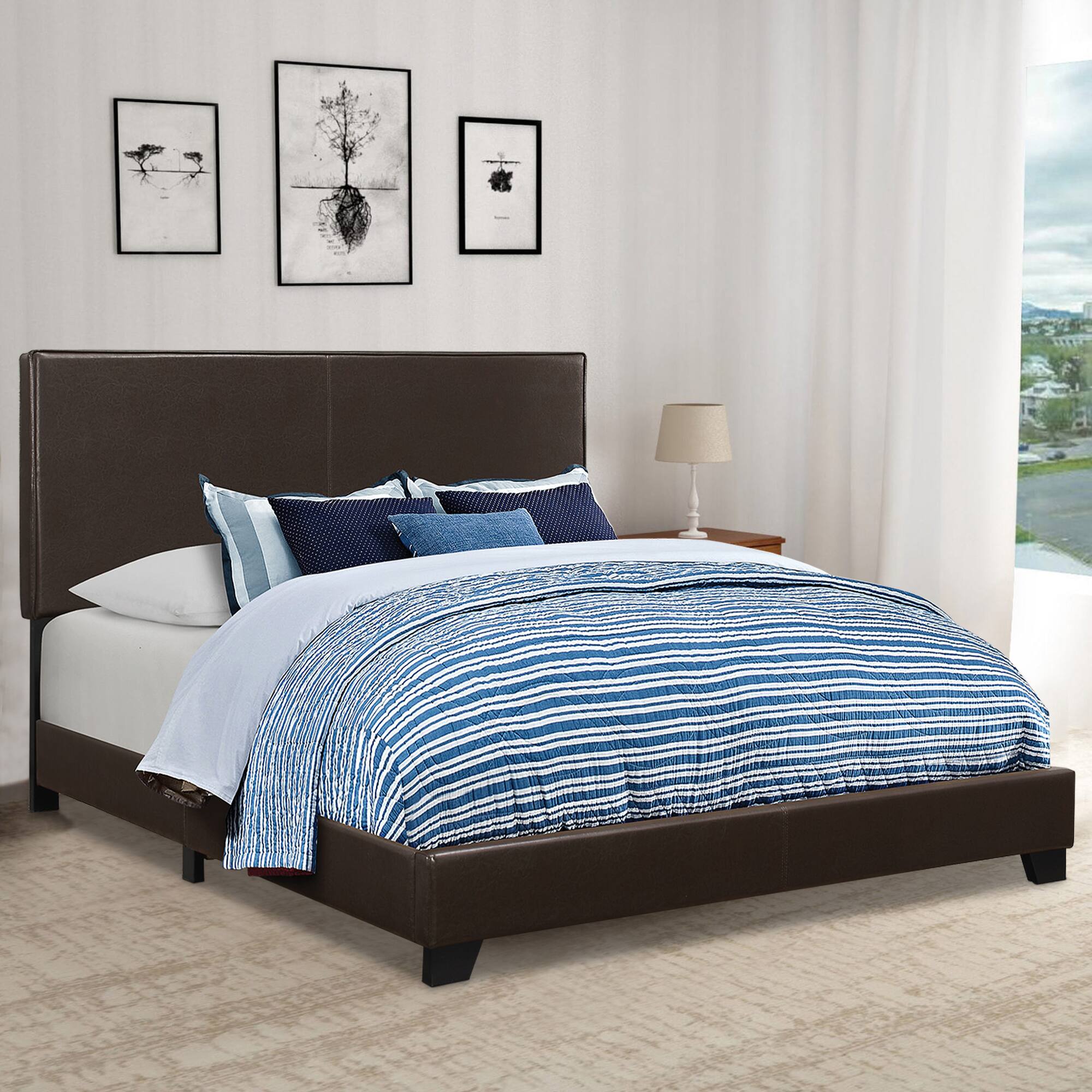 Alt View 5. Manhattan Lane - Vegan Faux Leather Upholstered Queen Size Platform Bed - Brown.