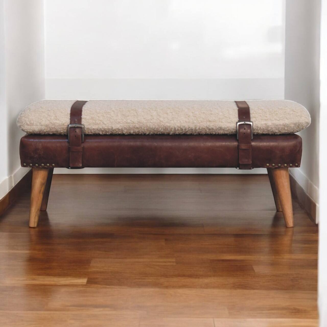 Alt View 6. Artisan Furniture - Artisan Furniture Solid Wood Boucle x Brown Leather Bench, Upholstered, Brown and Cream - Brown and Cream.