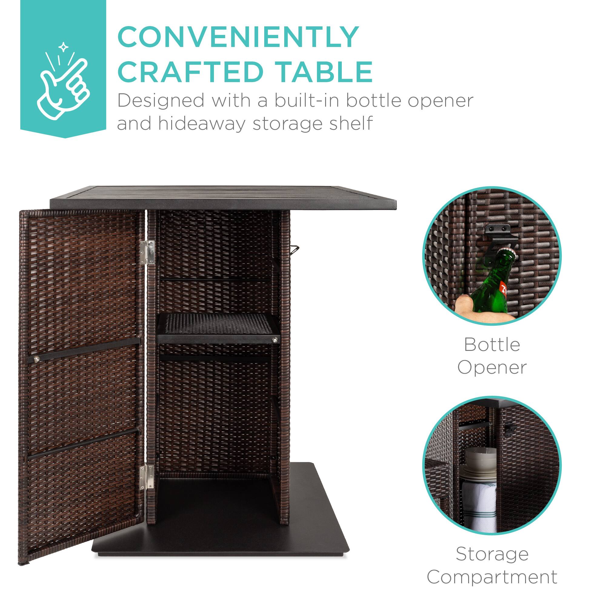 CONVENIENTLY CRAFTED TABLE  
Designed with a built-in bottle opener and hideaway storage shelf  

- Bottle Opener  
- Storage Compartment