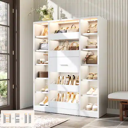 Front. Aheaplus - 6-Tier Shoe Cabinet with 12 Shelves and 5 Drawers, 40'' Wide Shoe Rack with LED Lights, Holds Up 30+ Pairs of Shoes - White.