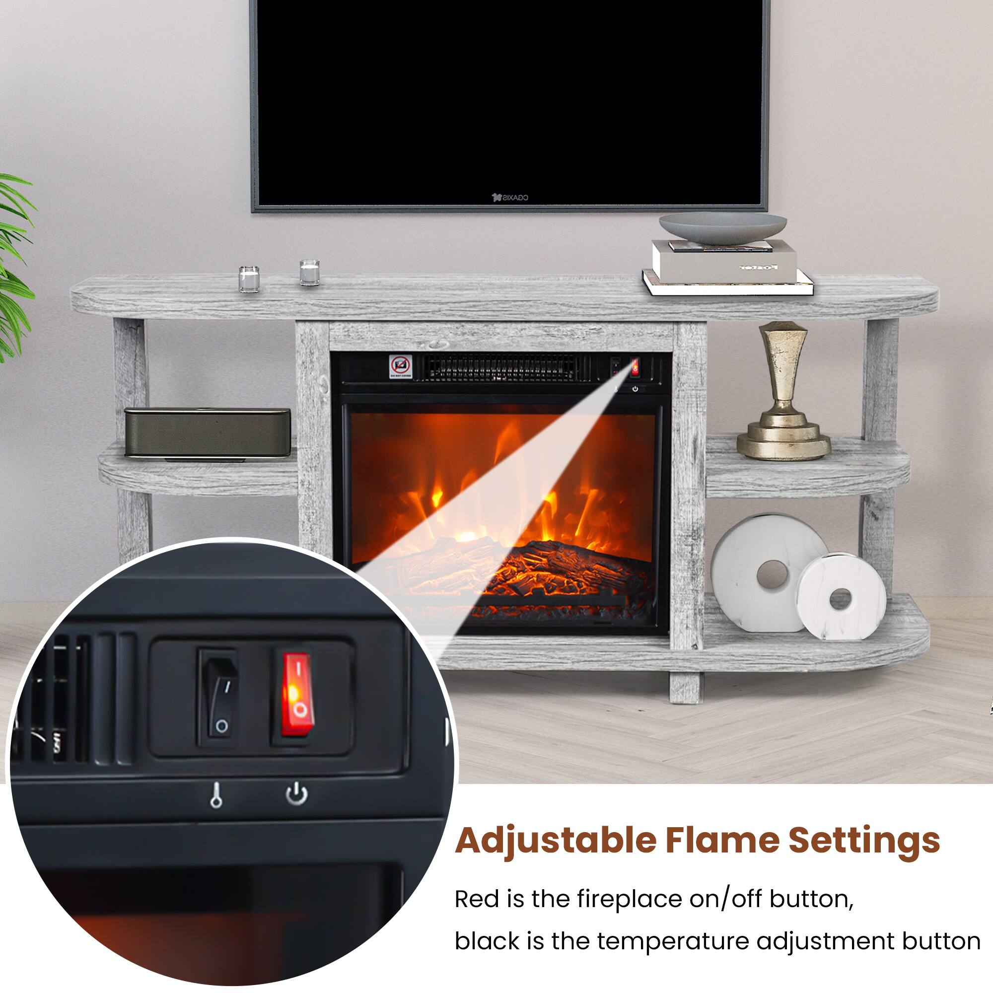 Adjustable Flame Settings

Red is the fireplace on/off button, black is the temperature adjustment button