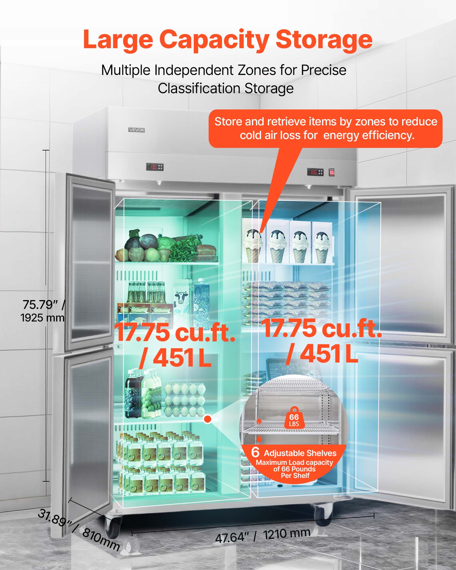 Large Capacity Storage  
Multiple Independent Zones for Precise Classification Storage  
Store and retrieve items by zones to reduce cold air loss for energy efficiency.  

75.79" / 1925 mm  
17.75 cu.ft. / 451 L  

6 Adjustable Shelves  
Maximum Load capacity of 66 Pounds Per Shelf  

31.89" / 810 mm  
47.64" / 1210 mm