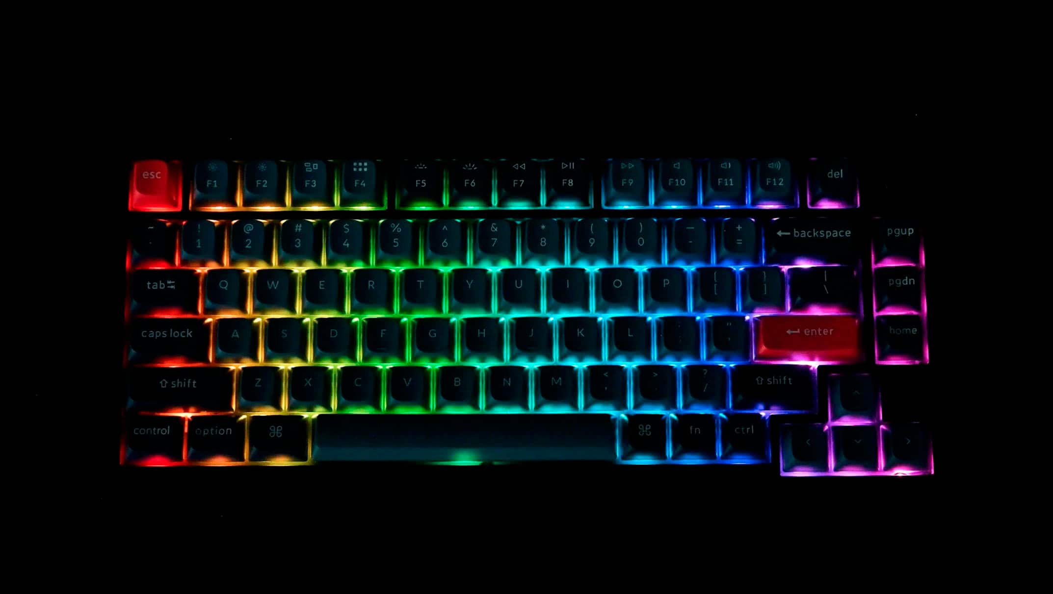 esc F1 F2 F3 F4 F5 F6 F7 F8 F9 F10 F11 F12 del T ! 1 @ 2 # 3 $ 4 % 5 A 6 & 7 8 ( 9 ) 0 I + = backspace pgup tab w E R T Y U I O P [ [ 1 I pgdn caps lock A S D F G H J K L enter home shift Z x C V B N M A > ? / 0 shift control option gg 98 fn ctrl < V >