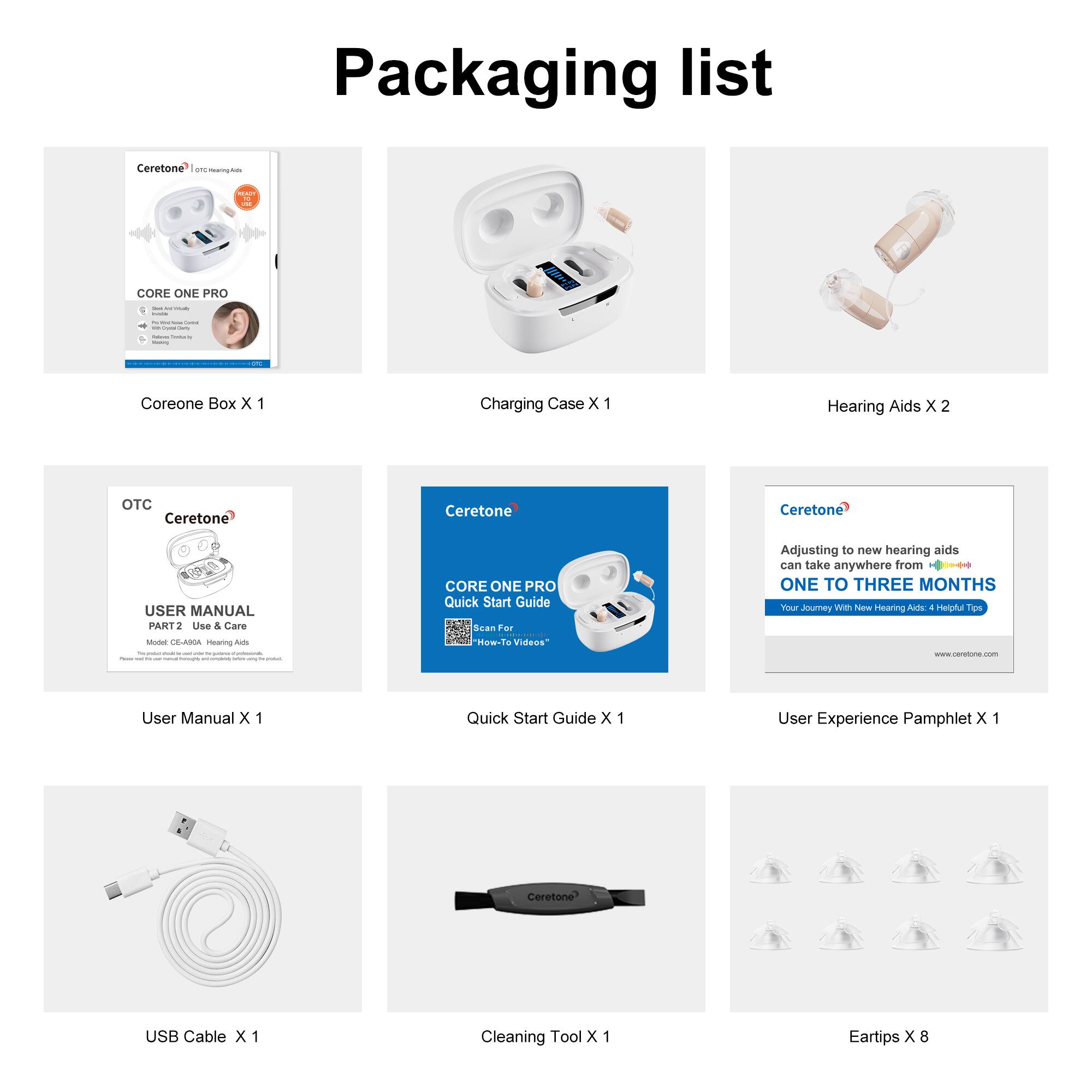 Packaging list

- Coreone Box X 1
- Charging Case X 1
- Hearing Aids X 2
- User Manual X 1
- Quick Start Guide X 1
- User Experience Pamphlet X 1
- Ceretone USB Cable X 1
- Cleaning Tool X 1
- Eartips X 8

Adjusting to new hearing aids can take anywhere from ONE TO THREE MONTHS

Your Journey With New Hearing Aids: 4 Helpful Tips