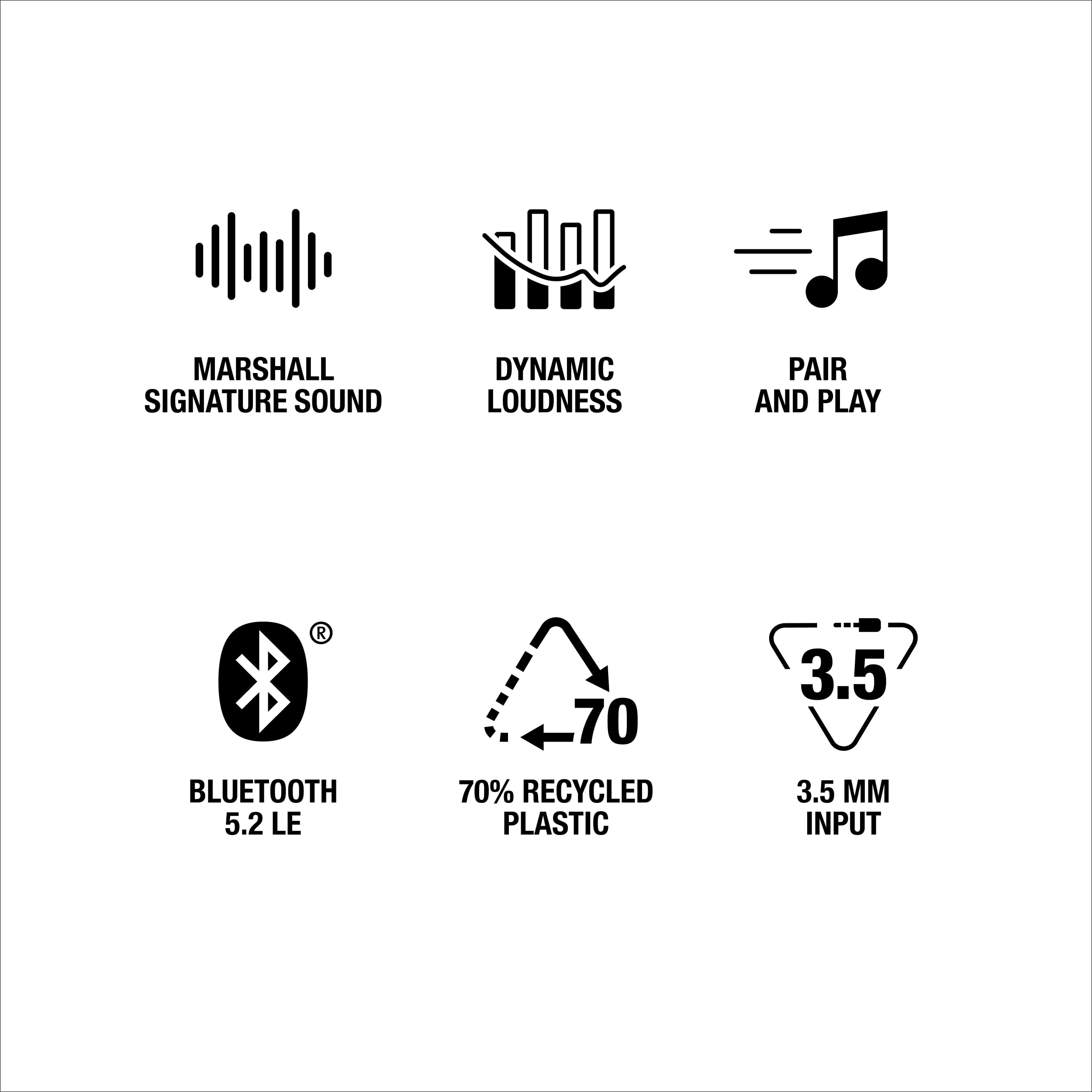 Marshall Signature Sound Dynamic Loudness Pair and Play Bluetooth 5.2 LE 70% Recycled Plastic 3.5mm Input