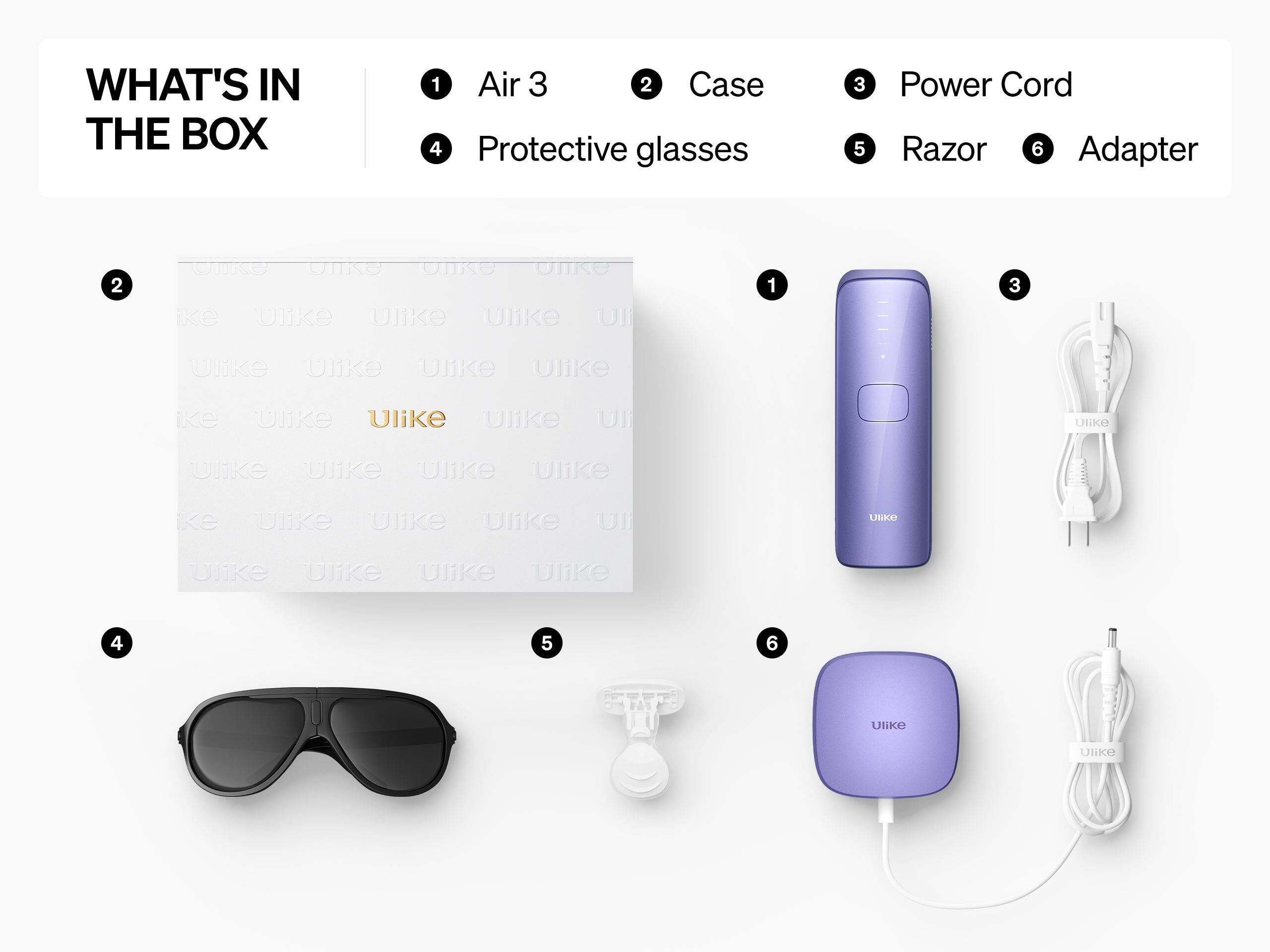 WHAT'S IN THE BOX

1. Air 3
2. Case
3. Power Cord
4. Protective glasses
5. Razor
6. Adapter