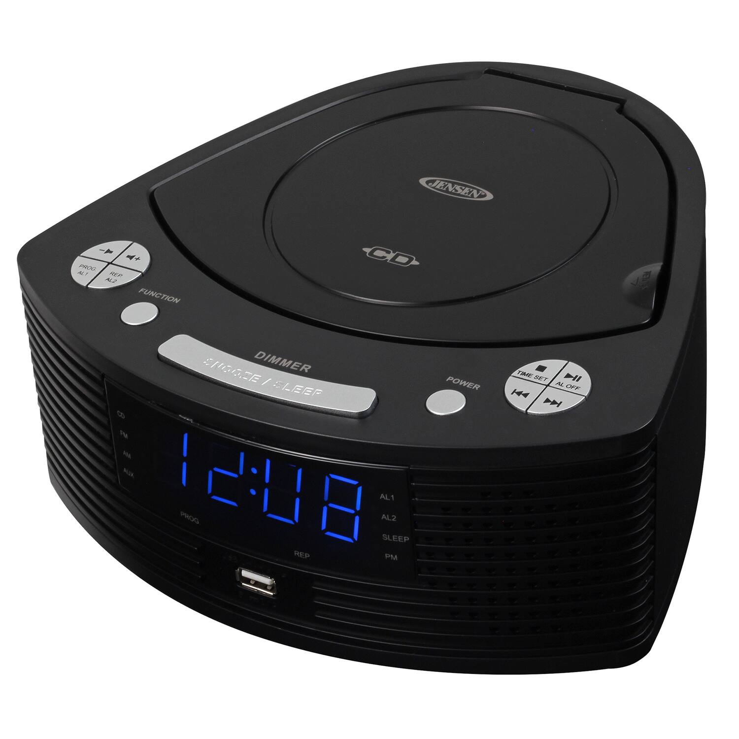 JENSEN  
ALT PROG REP AL2 FUNCTION  
CD-  
TENTER  
DIMMER I POWER CLEEP FM AM 12:08 PROG REP AL1 AL2 SLEEP PM  
TIME SET II AL OFF TAX DDI