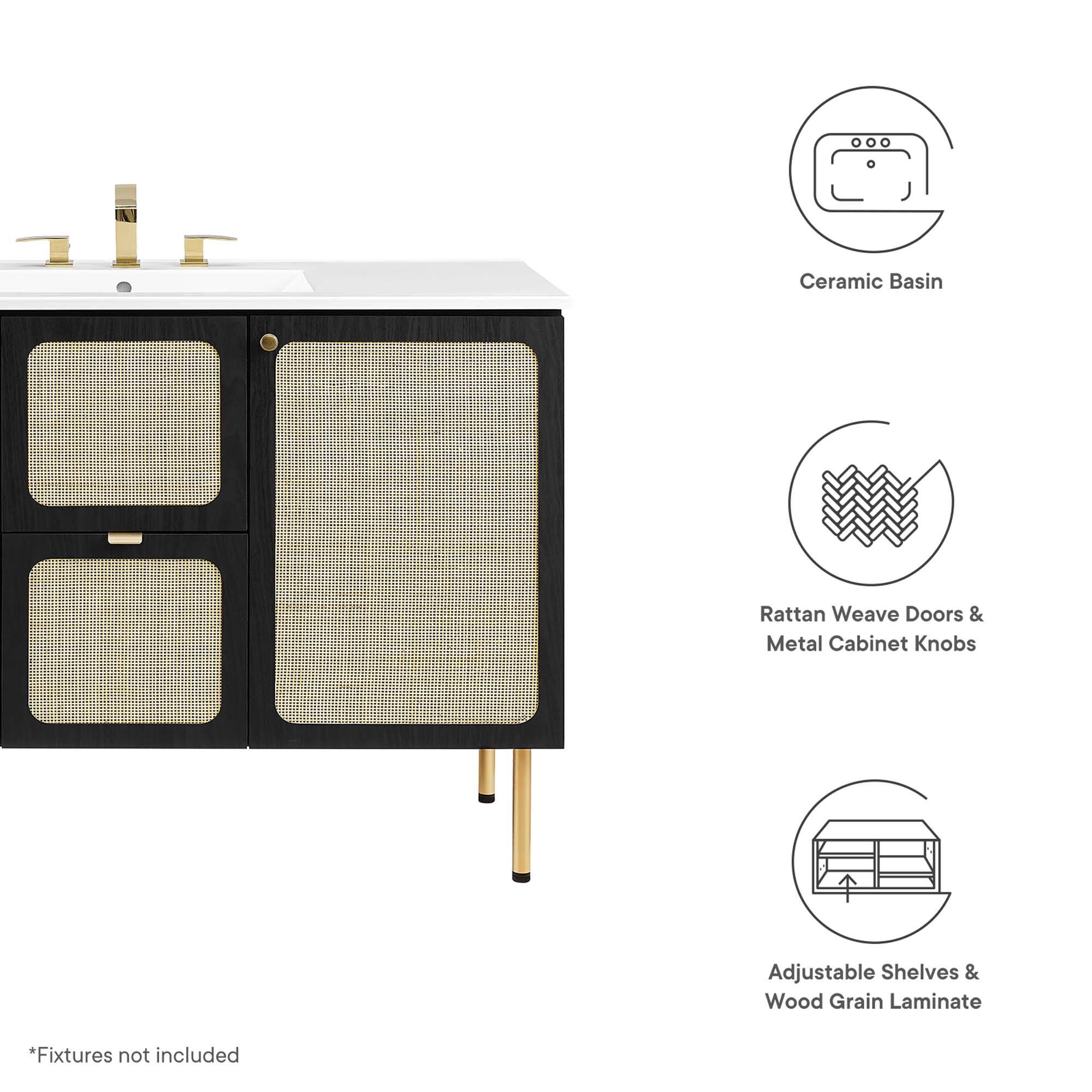 Ceramic Basin  
Rattan Weave Doors & Metal Cabinet Knobs  
Adjustable Shelves & Wood Grain Laminate  

*Fixtures not included