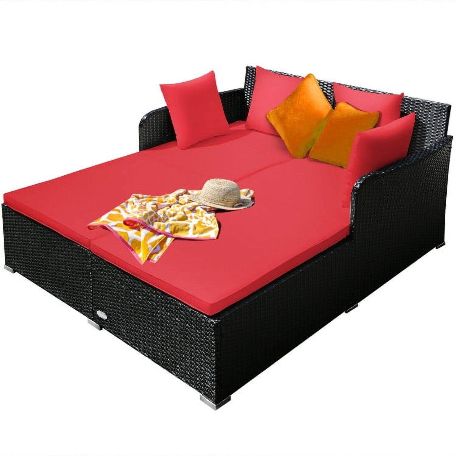 Alt View 5. Pefilos - Spacious Outdoo Rattan Daybed with Upholsteed Cushions and Pillows-Red, Wicke Funitue Convesation Sets fo Gaden, - Red.