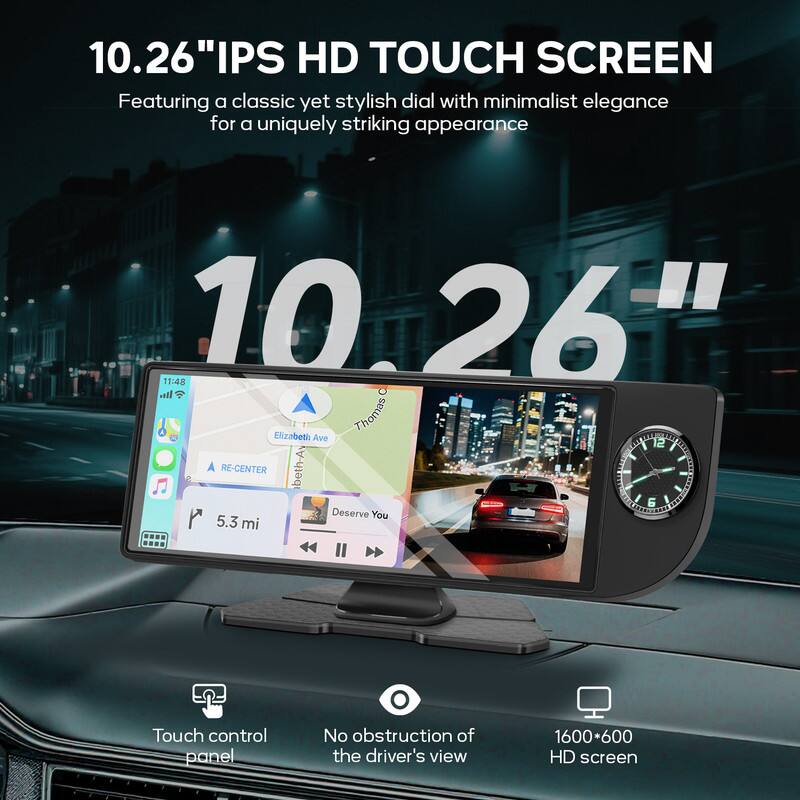 10.26" IPS HD TOUCH SCREEN  
Featuring a classic yet stylish dial with minimalist elegance for a uniquely striking appearance  

10.26"  

Touch control panel  
No obstruction of the driver's view  
1600*600 HD screen  

11:48  
Thomas Elizabeth Ave  
RE-CENTER  
5.3 mi  
Deserve You