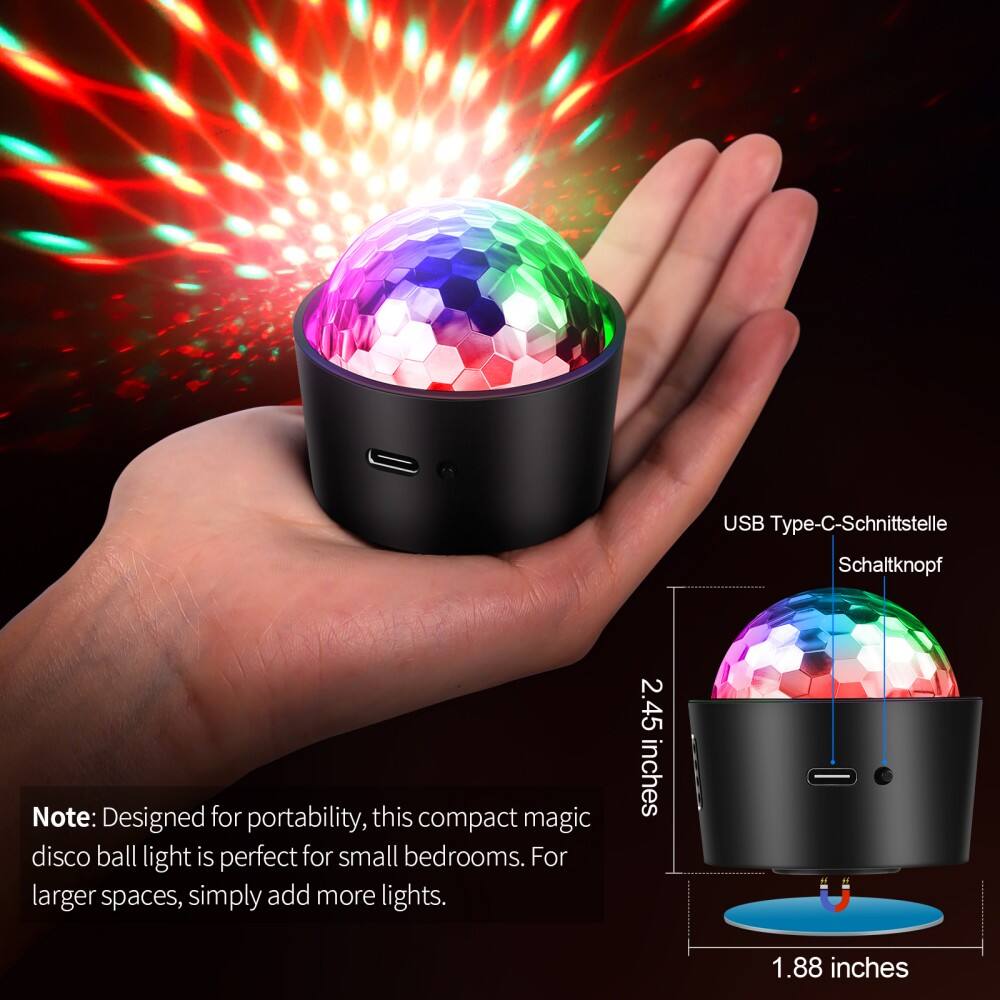 USB Type-C-Schnittstelle  
Schaltknopf  

Note: Designed for portability, this compact magic disco ball light is perfect for small bedrooms. For larger spaces, simply add more lights.  

2.45 inches  
1.88 inches
