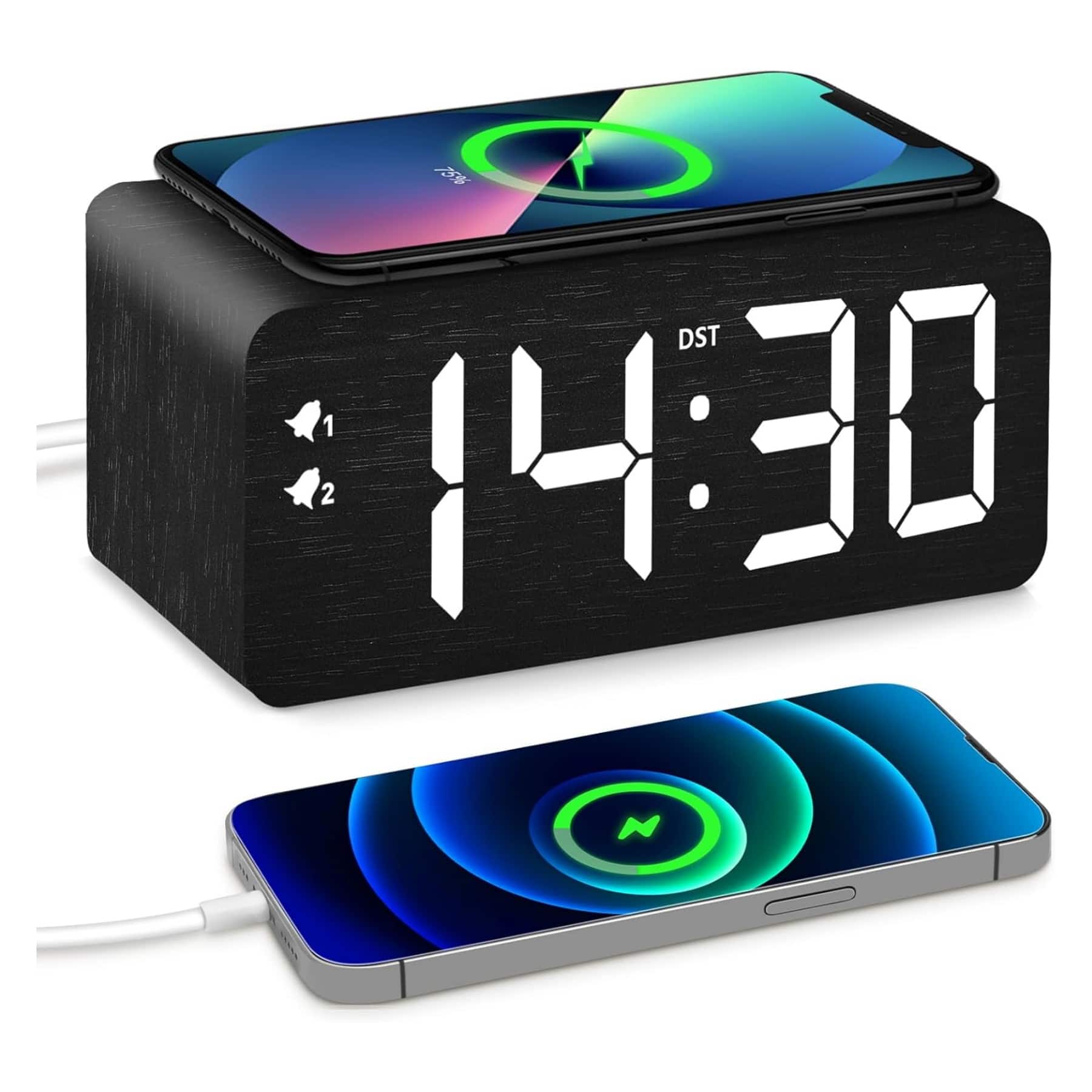 Dazzed Corner - Wood Digital Alarm Clock with Fast Wireless Charger, USB Charging Ports - Black