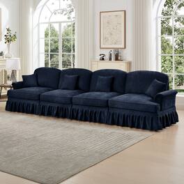 Anysun - Mid-Century Chenille 4-Seat Sofa - Flared Arms, Ruffled Skirt & Spindle Legs for Living Room - Blue