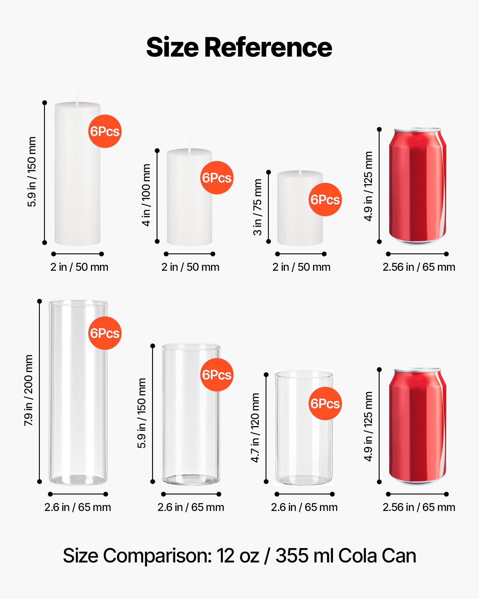 Size Reference:

- 5.9 in / 150 mm
- 4 in / 100 mm
- 3 in / 75 mm
- 4.9 in / 125 mm
- 2.6 in / 65 mm
- 7.9 in / 200 mm
- 5.9 in / 150 mm
- 4.7 in / 120 mm
- 4.9 in / 125 mm

Size Comparison: 12 oz / 355 ml Cola Can