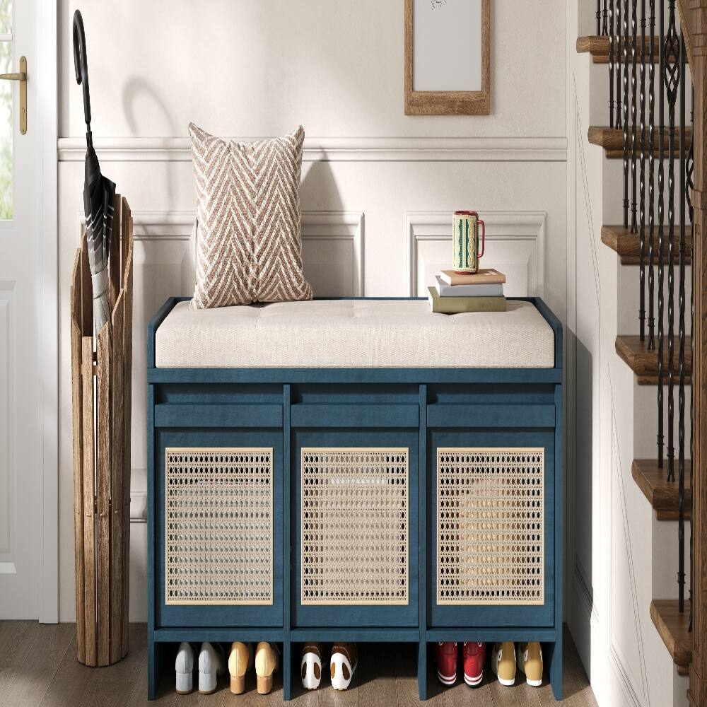 Alt View 1. Ropilly - Ropilly 48 Inch Entryway Shoe Bench with Rattan Drawers, Tufted Cushion and Hidden Storage, Antique Navy - Antique Navy.