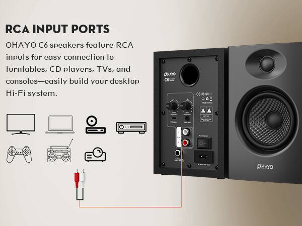 RCA INPUT PORTS

OHAYO C6 speakers feature RCA inputs for easy connection to turntables, CD players, TVs, and consoles—easily build your desktop Hi-Fi system.