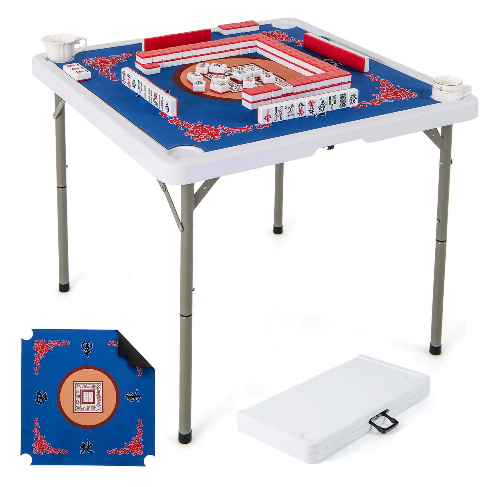 Costway - 35" Folding Mahjong Table with Cup Holders & Smooth Felt Mat Carrying Handle - Blue