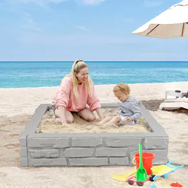 Costway - Kids Sandbox with Cover Bottom Liner Backyard Beach HDPE Sandpit for Outdoor Play - Gray