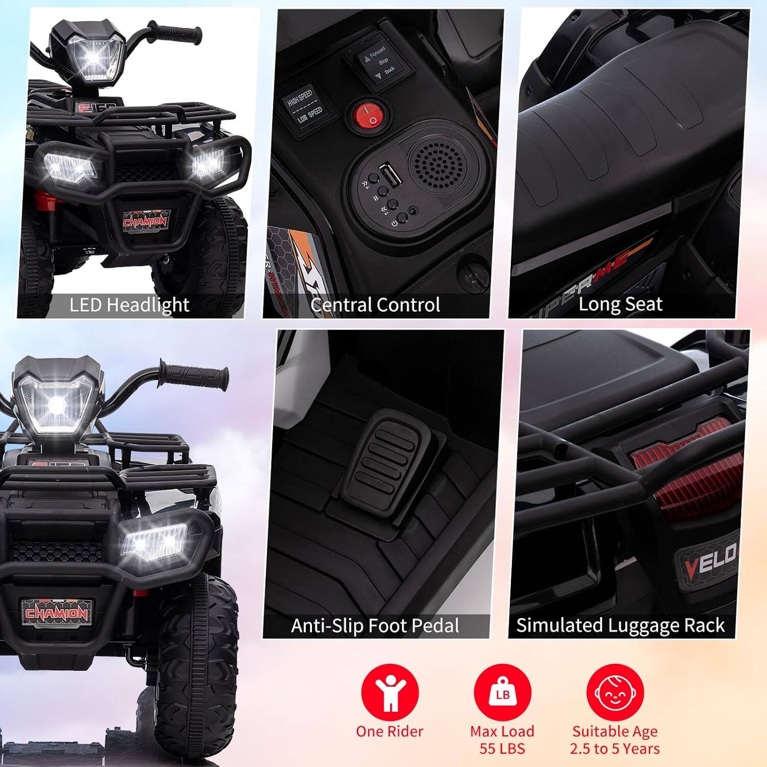 - SPNO SPIEE LOB A Pinsani -e Rk Y I 2 CpN LED Headlight Central Control Long Seat CHAMION O000 Anti-Slip Foot Pedal VELO Simulated Luggage Rack LB One Rider Max Load 55 LBS Suitable Age 2.5 to 5 Years

Corrected text:
- SPNO SPIEE LOB A Pinsani -e Rk Y I 2 CpN LED Headlight Central Control Long Seat CHAMION O000 Anti-Slip Foot Pedal VELO Simulated Luggage Rack LB One Rider Max Load 55 LBS Suitable Age 2.5 to 5 Years