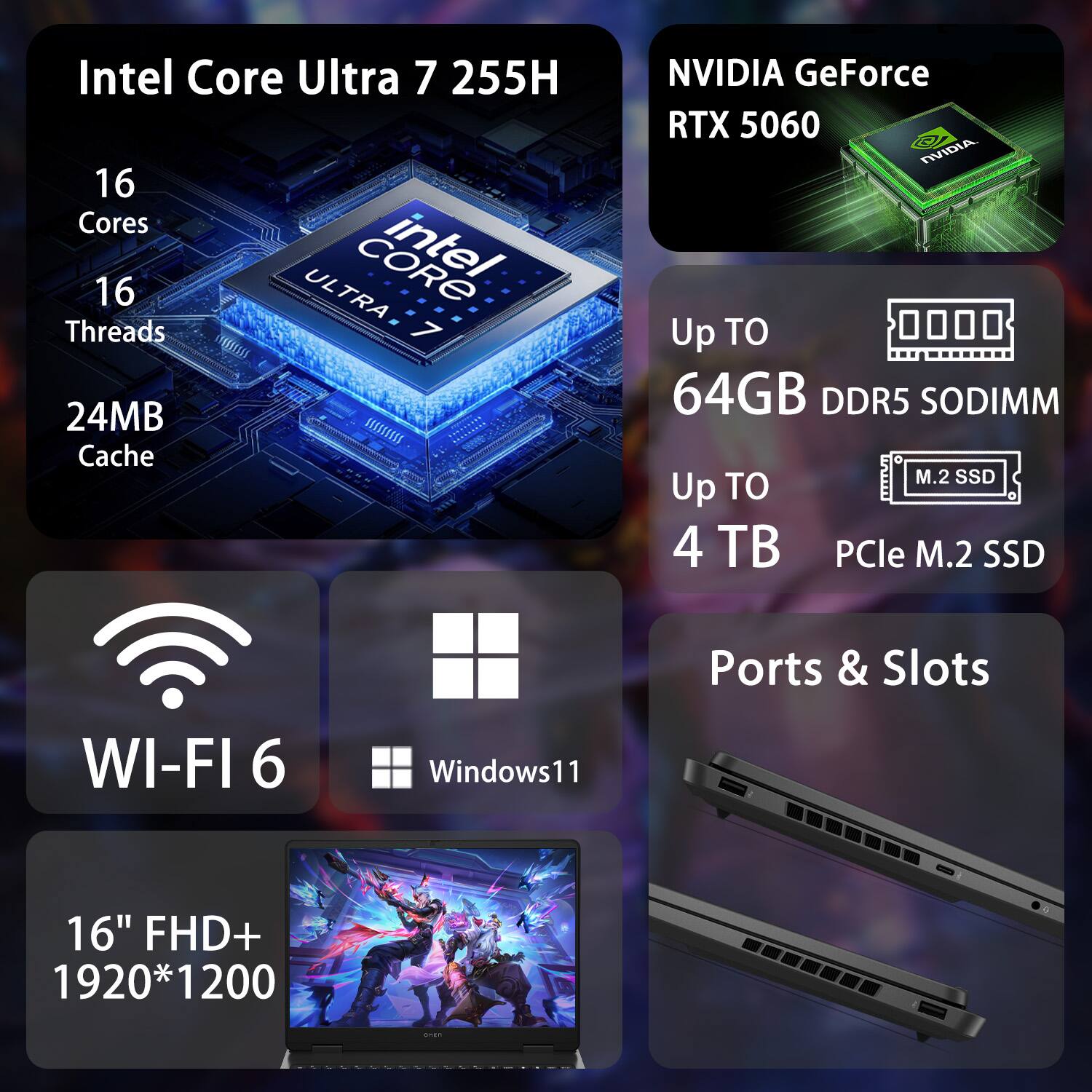 Intel Core Ultra 7 255H  
16 Cores  
16 Threads  
24MB Cache  

NVIDIA GeForce RTX 5060  

Up to 64GB DDR5 SODIMM  
Up to 4 TB PCIe M.2 SSD  

Wi-Fi 6  

Windows 11  

16" FHD+ 1920*1200  

Ports & Slots