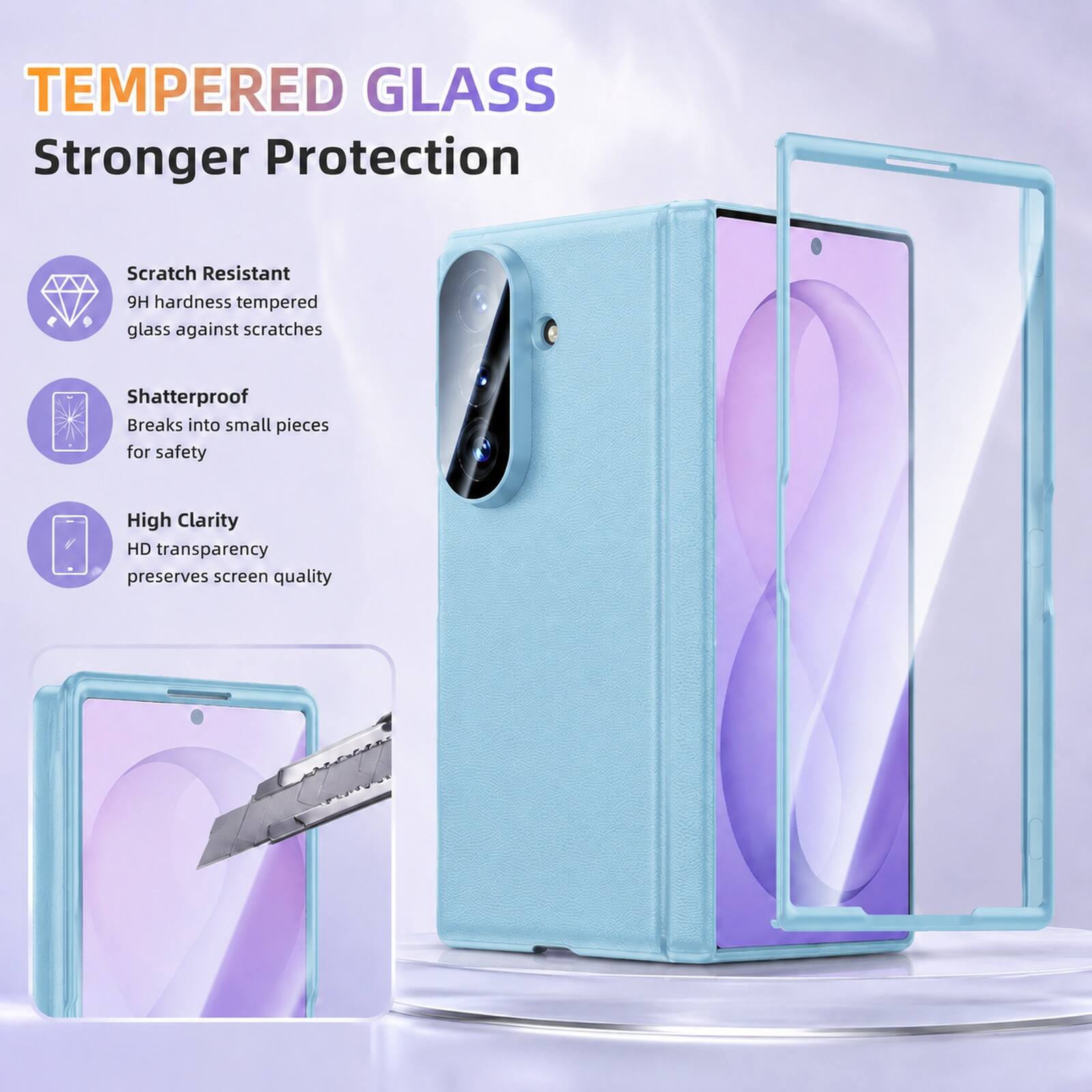 TEMPERED GLASS  
Stronger Protection

Scratch Resistant  
9H hardness tempered glass against scratches

Shatterproof  
Breaks into small pieces for safety

High Clarity  
HD transparency preserves screen quality