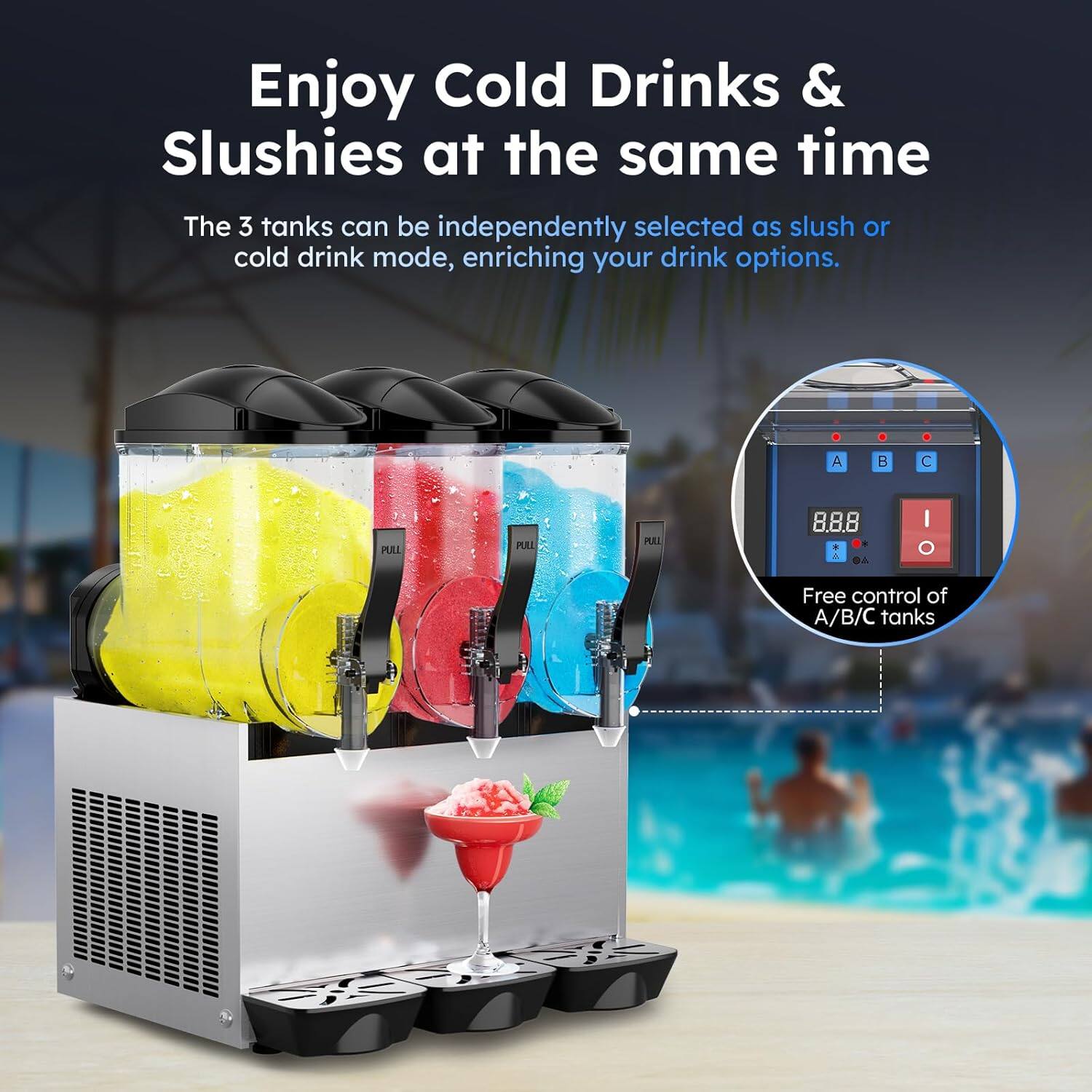 Enjoy Cold Drinks & Slushies at the same time

The 3 tanks can be independently selected as slush or cold drink mode, enriching your drink options.

Free control of A/B/C tanks