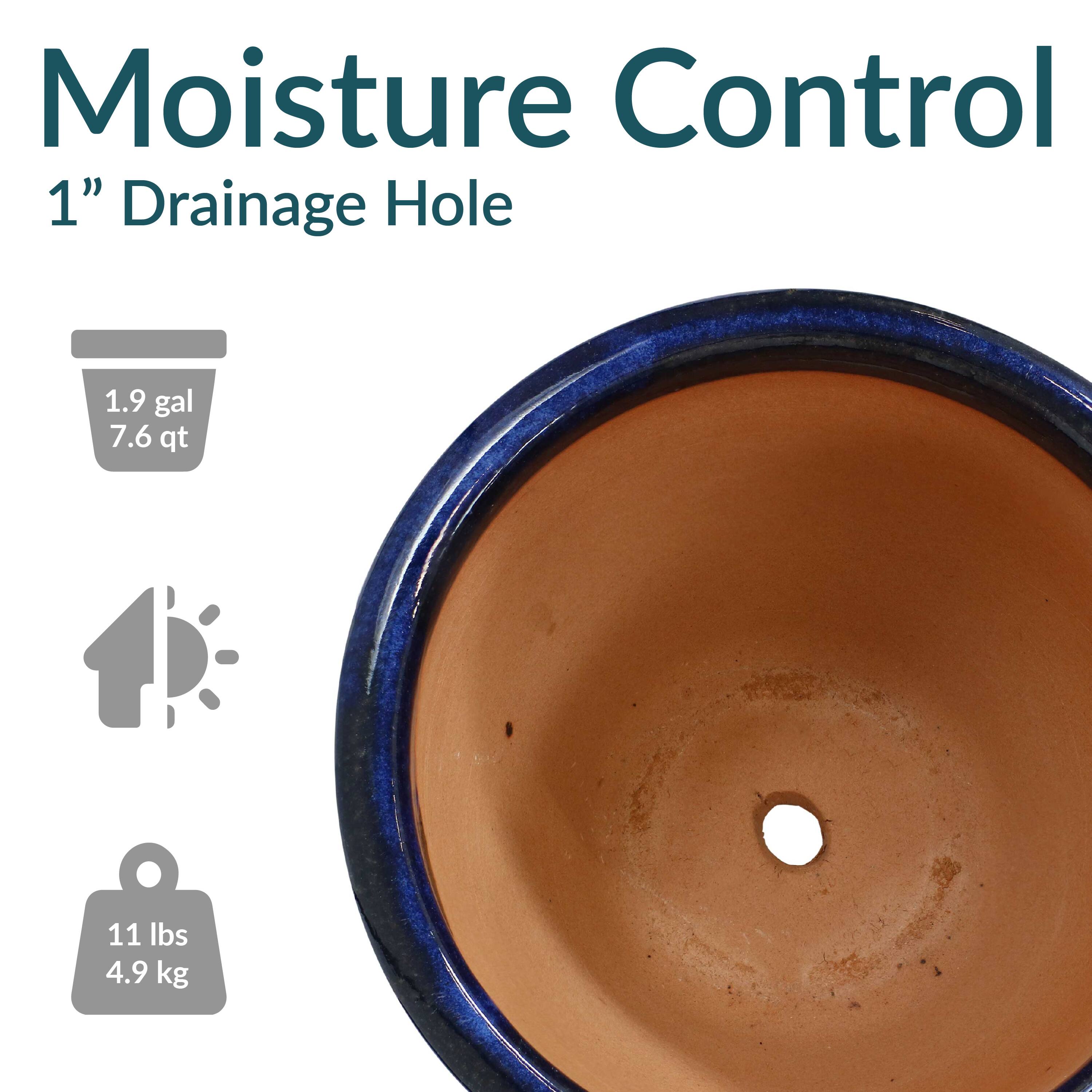 Moisture Control  
1" Drainage Hole  

1.9 gal  
7.6 qt  

11 lbs  
4.9 kg