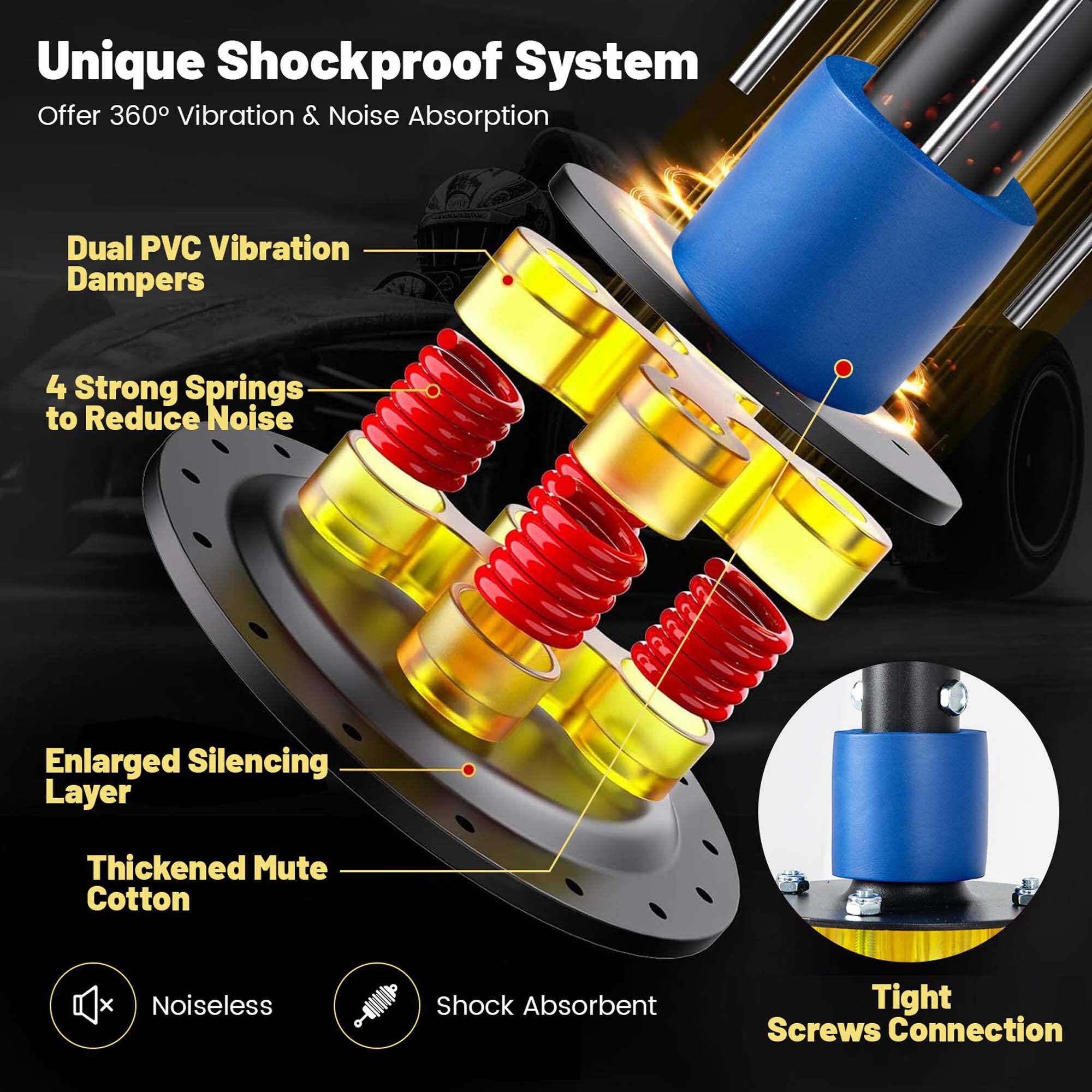 Unique Shockproof System  
Offer 360° Vibration & Noise Absorption  
Dual PVC Vibration Dampers  
4 Strong Springs to Reduce Noise  
Enlarged Silencing Layer  
Thickened Mute Cotton  
Tight Screws Connection  
Noiseless  
Shock Absorbent